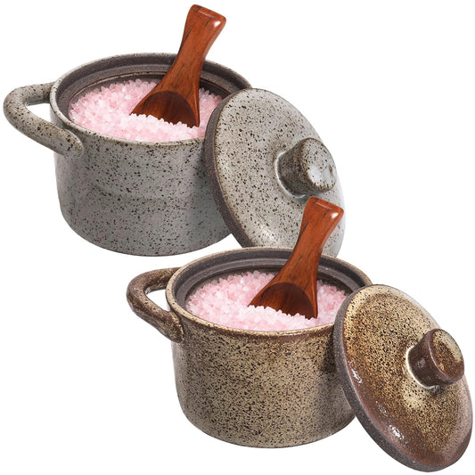 2 Set Speckled Ceramic Salt Cellar with Lid and Wooden Spoon, Vintage-Inspired Kitchen Storage, Farmhouse Salt Pepper Cellar Holder, Thoughtful Housewarming Gift for Sea Salt, Granulated Sugar