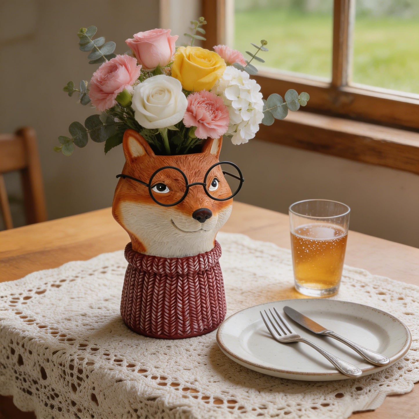 Resin Fox Flower Vase, Unique Lava Red Sweater Fox Sculpture Decoration Aesthetic Flower Vase for Home Decor