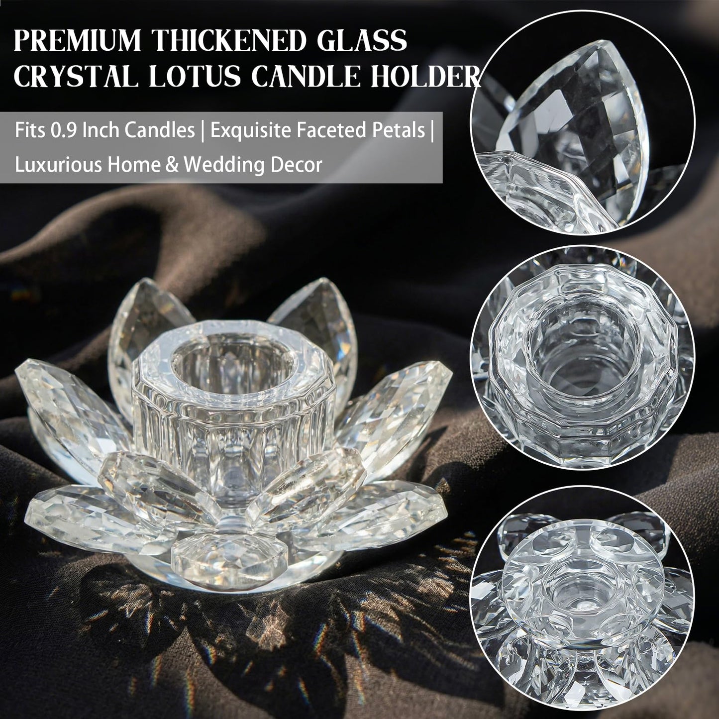Crystal Lotus Taper Candle Holder, Glass Candlestick Holder, Fits 0.9" Taper Candles, Exquisite Faceted Design for Wedding Dining Table Home Decor Party Centerpiece,Nice Gift for Her (2, Clear)