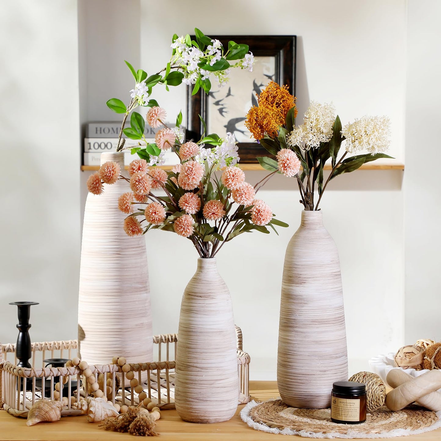 ALMA 2025 Updated 11 in Tall White Beige Vase for Boho Home Decor, Thin Ceramic Vase for Single Rose, Pampas Grass, Decorative Rustic Vase for Flowers, Dining Table Centerpieces,Table Top Decoration
