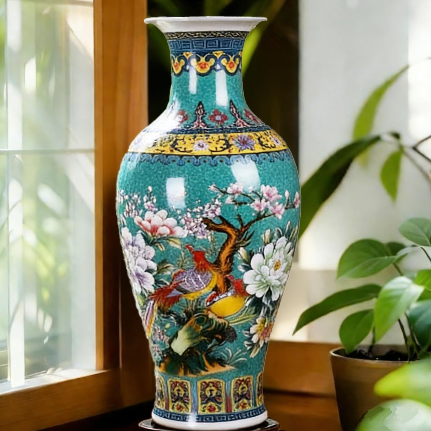 14” Jingdezhen Large Fishtail Ceramic Vase Golden Handmade Home Decorative Vase, Modern Luxury Accent for Living Room, Wedding, or Gift. Elegant Floral Arrangement Centerpiece. (Green)