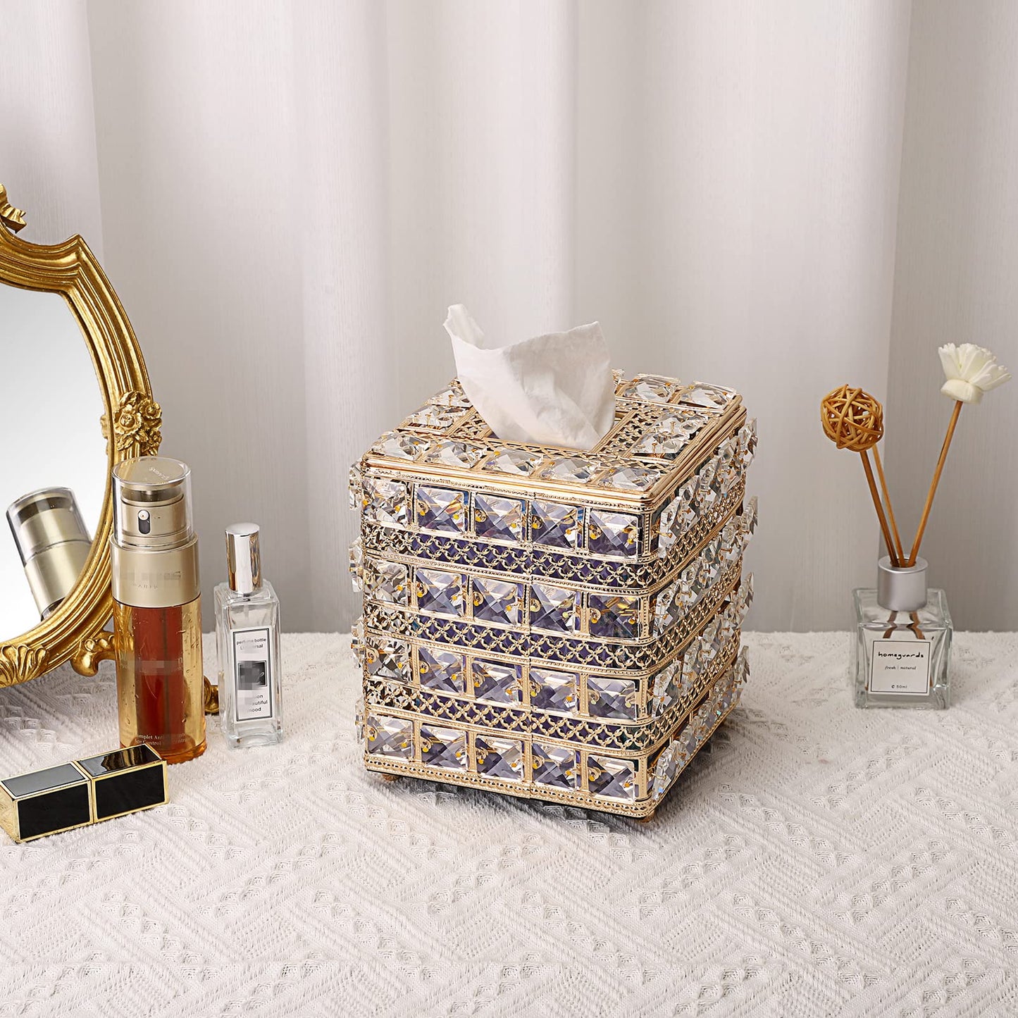 Sumnacon Crystal Square Tissue Box Cover - Sparkling Cube Glass Tissue Box Holder, Decorative Facial Tissue Holder for Bedroom Bathroom Dresser Night Stand Table Office Home Decor, Gold