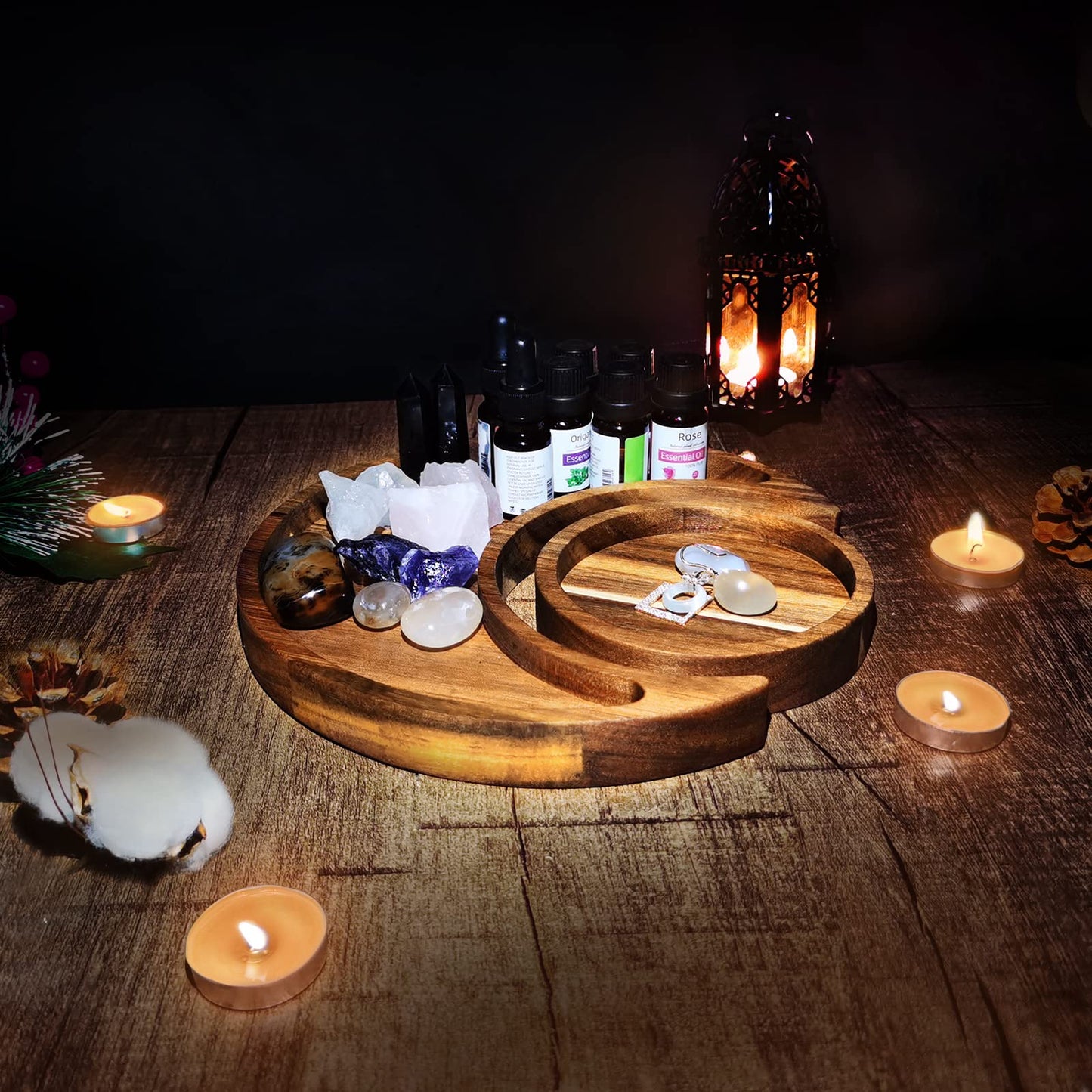 Moon Tray Acaica Wood Crystal Holder for Stones Healing Crystals Storage and Organizer Crescent Bowl Witchy Crystal Display Essential Oil Holder Moon Jewelry Dish (Acacia Wood 1)