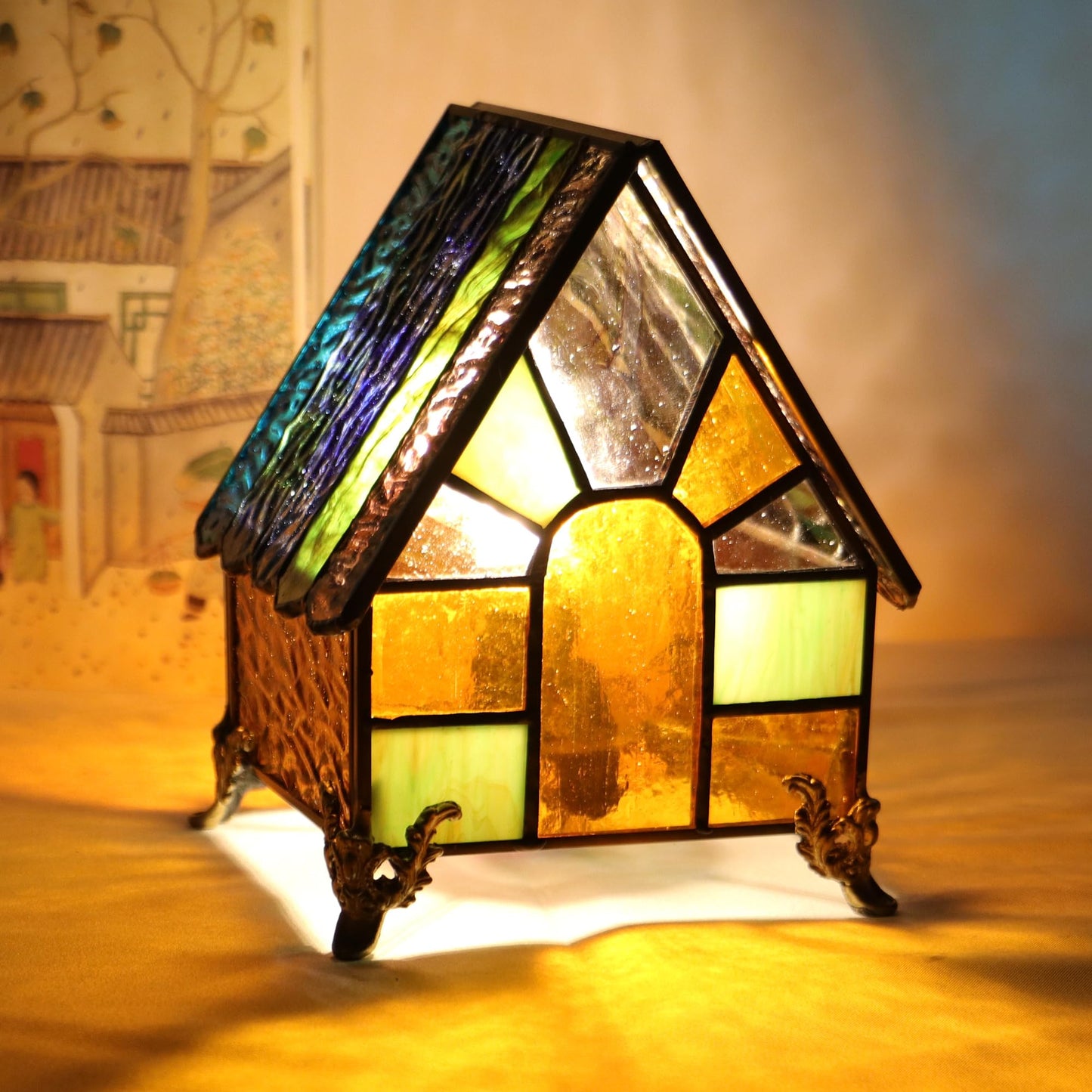 HWDFEI Small Tiffany Stained Glass Style Mini Lighthouse Table Lamp, Retro Decorative Lamp, Suitable for Bedroom Office Home Decoration 4.2X 4.2X 5.8(Blue Orange)