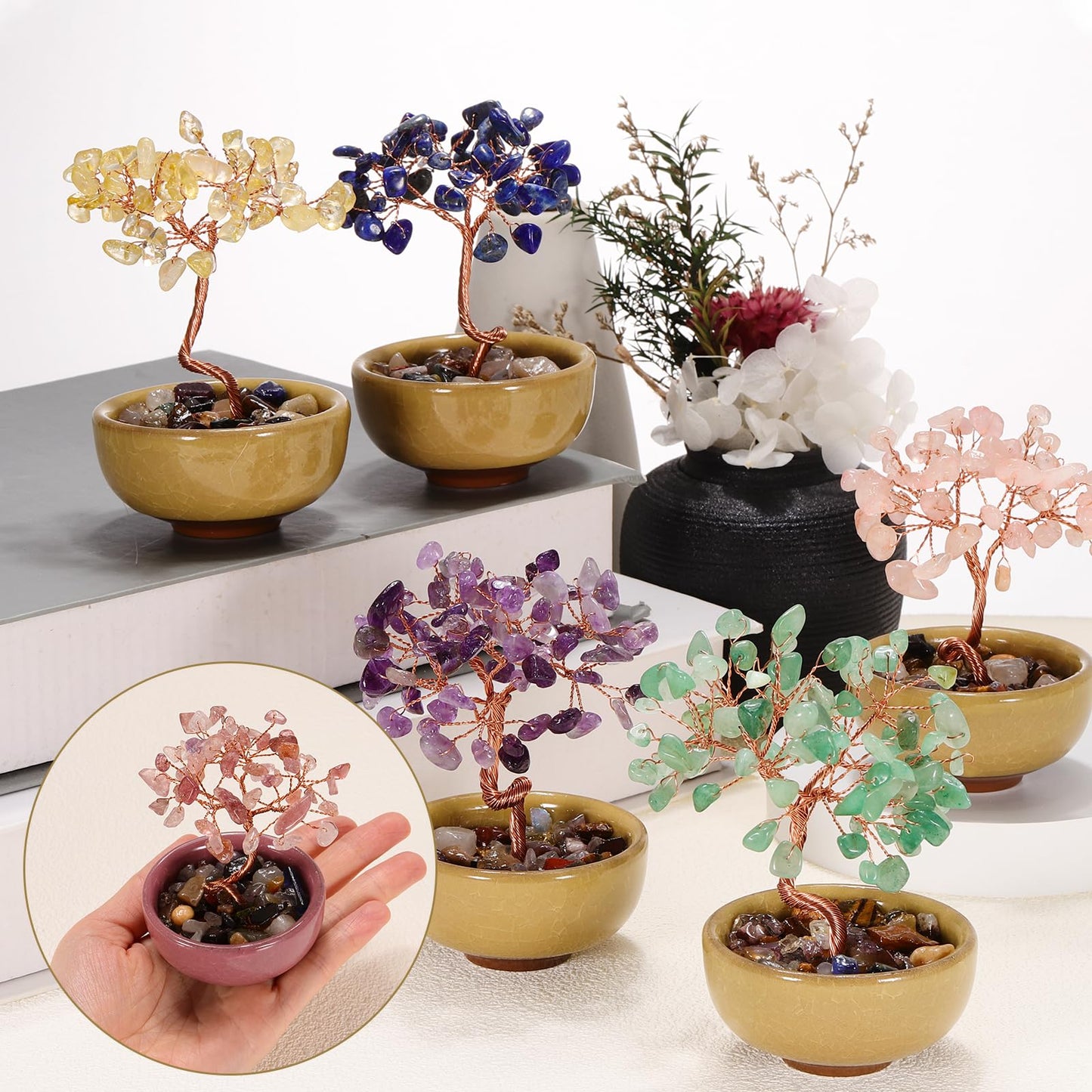 MECCANIXITY 7 Chakra Crystal Tree of Life, Natural Rose Crystal Gemstone Tree Handmade Feng Shui Bonsai with Agate Base for Positive Energy, Good Luck, Home Office Decor (4x2.4Inch Pink)