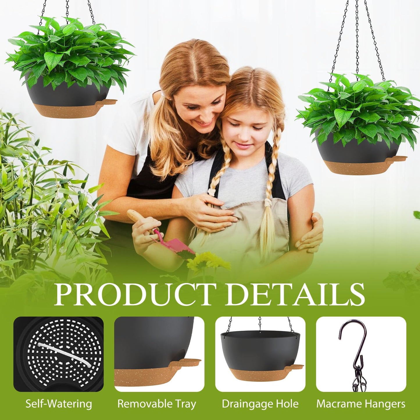 SQKH 12 Inch Hanging Baskets 2 PC with Chains, Self-Watering Hanging Planters for Indoor Outdoor Plants, Plastic Hanging Flower Pots,Black Brown