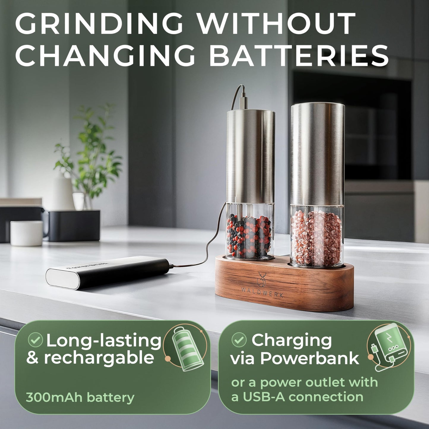 WALDWERK Electric Salt and Pepper Grinder Set (300 mAh Rechargeable Battery) - Salt and Pepper Shakers with Elegant Acacia Wood Stand – Rechargeable Automatic Salt and Pepper Grinder Set