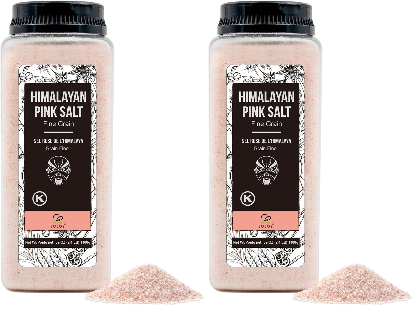 Soeos Himalayan Pink Salt,Fine Grain,39oz (2.4 LB),Non-GMO Himalayan Salt,Kosher-Salt,Pink-Himalayan Sea-Salt,(Pack of 2)