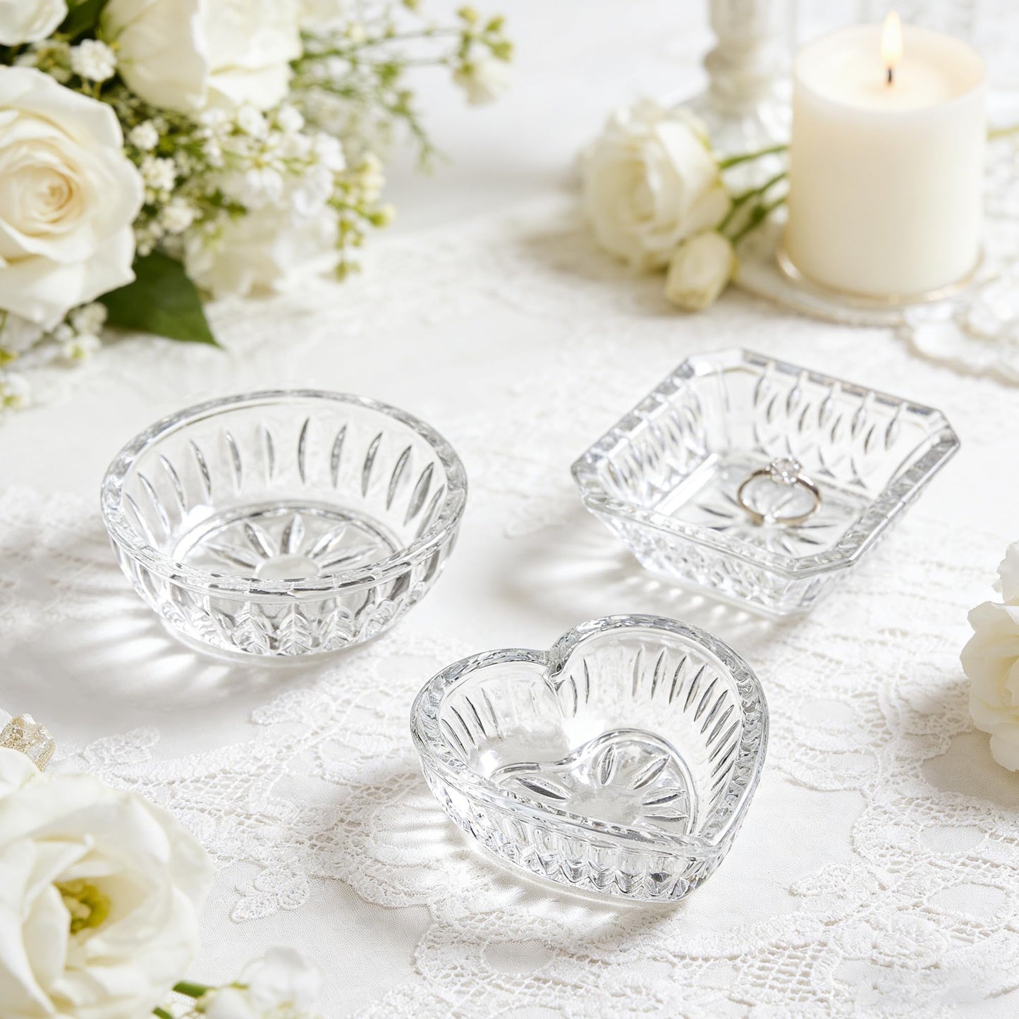 LOULIQIGIFT Set of 3 Clear Jewelry Dish Tray for Women Crystal Ring Holder for Wedding Engagement Birthday Mother's Day(Round, Square, Heart)