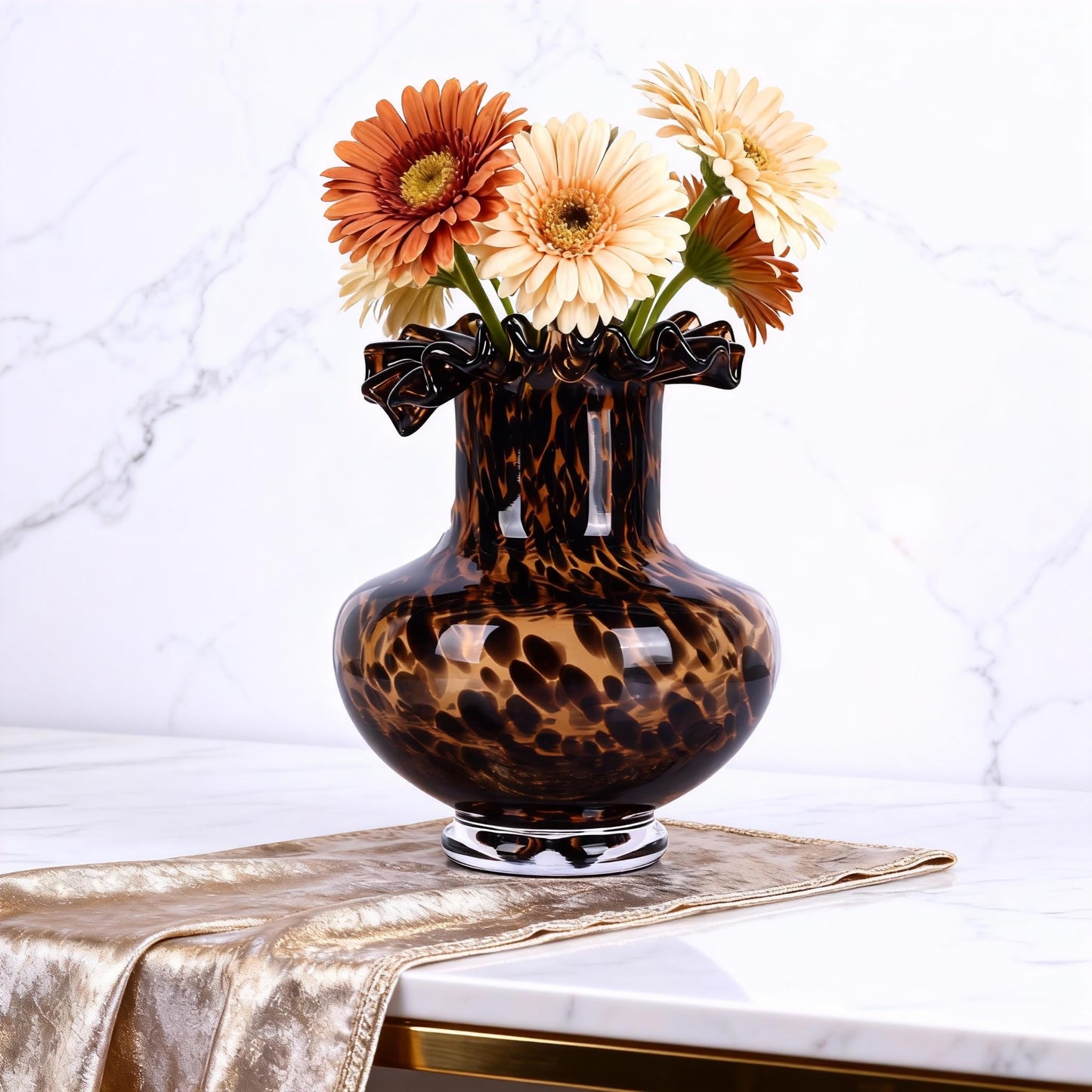 Amber Glass Vase – Tortoise Shell Design, Elegant Home Décor, Unique Centerpiece for Living Room, Office, Wedding Gifts, Art Glass Vase, Round Decorative Vase, Tortoise Shell Home Décor (S)