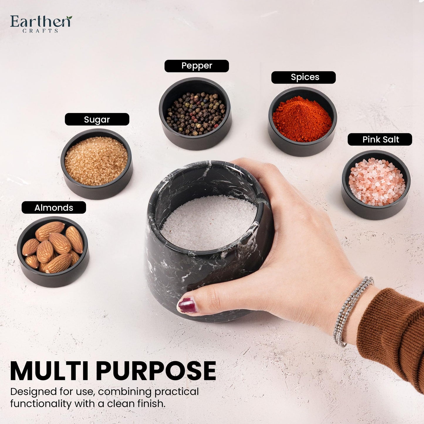 EARTHEN CRAFTS Marble Salt Cellar With Lid & Spoon Black 4" Inch Handmade Salt Holder Stone Salt Storage Seasoning Container, Sugar Bowl, Salt Dish, Salt Box & Spice Jar for Kitchen Countertop