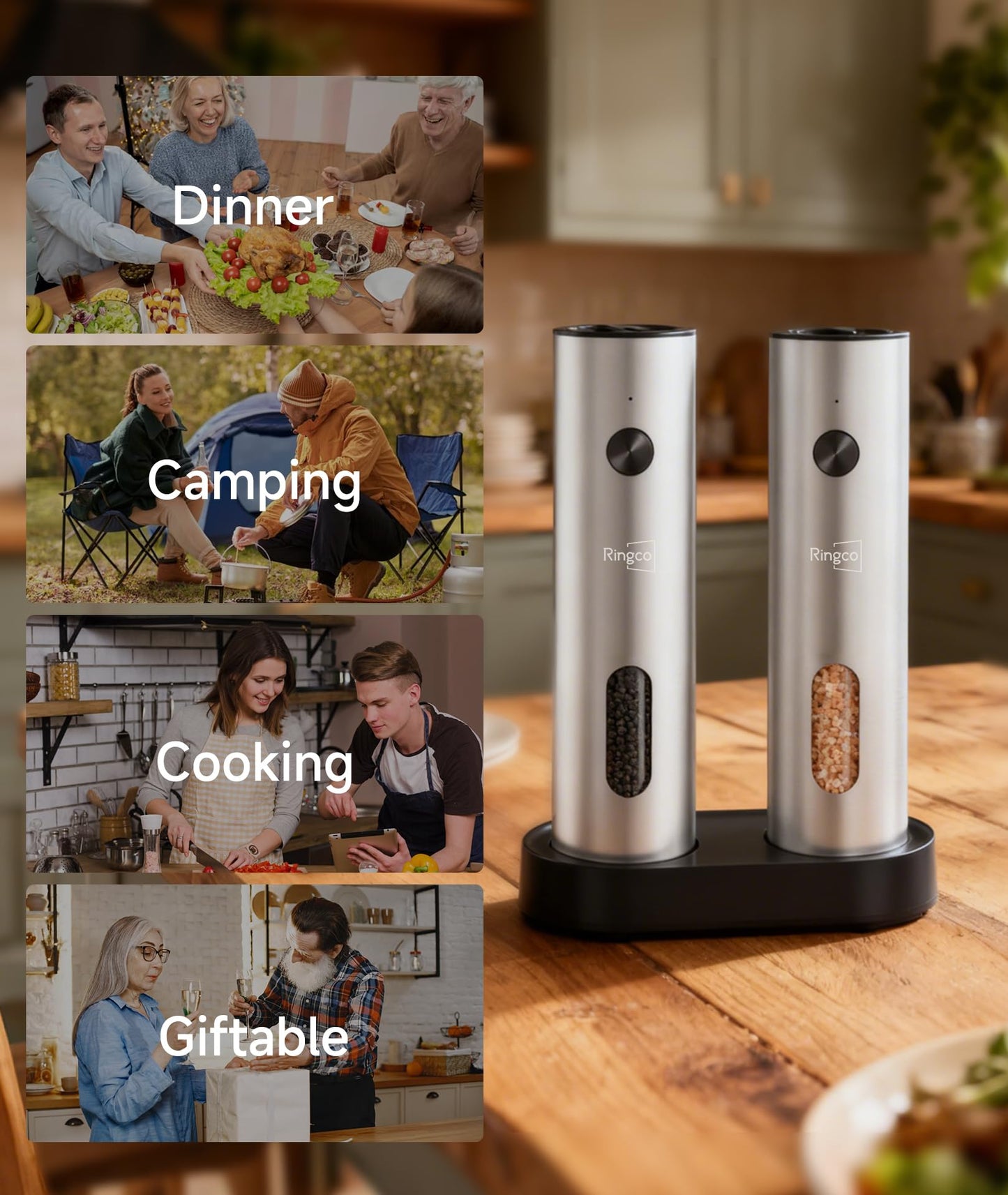 Ringco Electric Salt and Pepper Grinder Set with Charging Base, Rechargeable Salt and Pepper Mill with Adjustable Coarseness, LED Light, 110ml Large Capacity for Kitchen, Outdoors, Gifts for Women