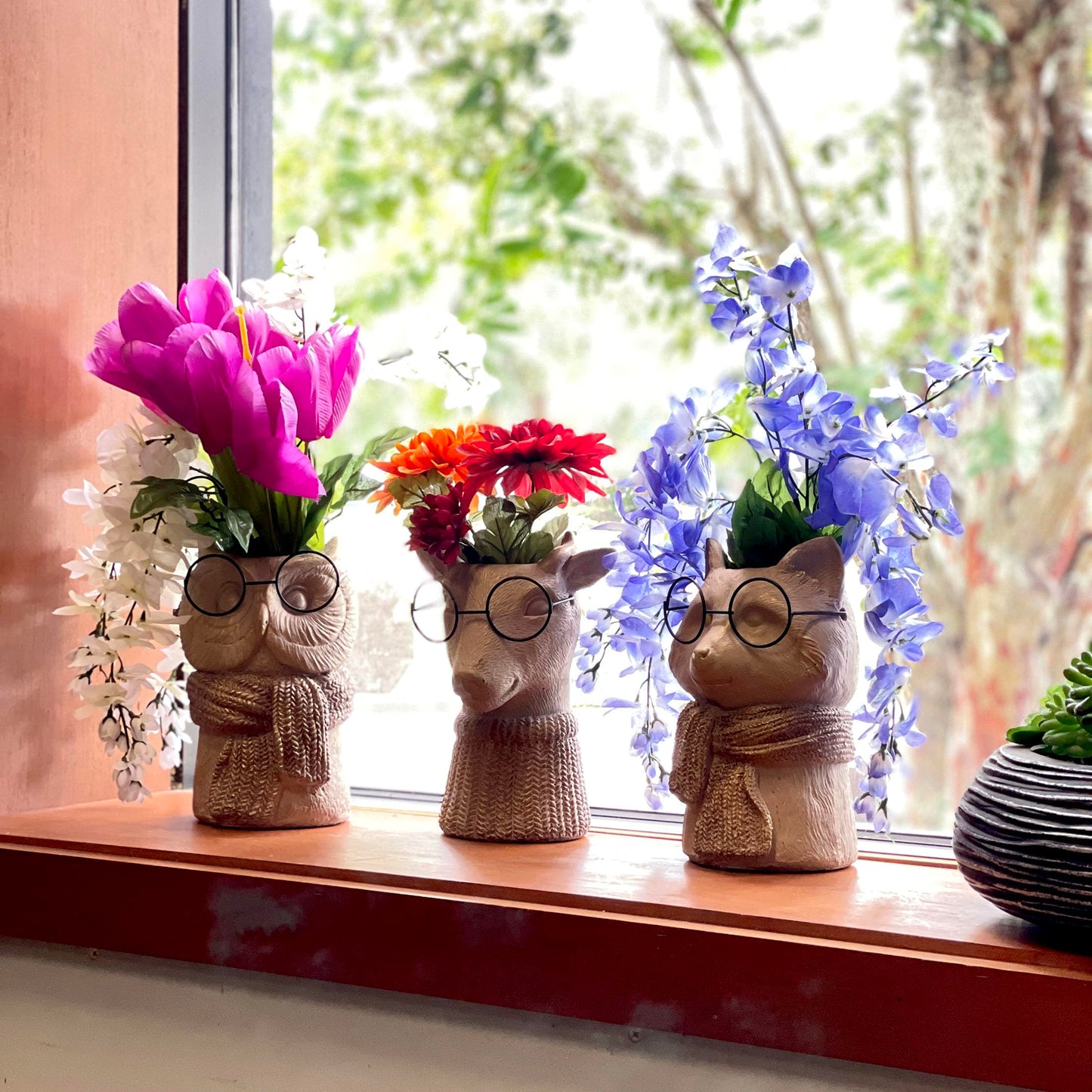 Bespectacled Fox Cement Vase 8.25 Inch – Gold Accents, Knit Textured Scarf, Real Wire Glasses, Whimsical Animal Decor, Distressed Taupe Planter for Indoor Plants, Unique Gift for Home or Office
