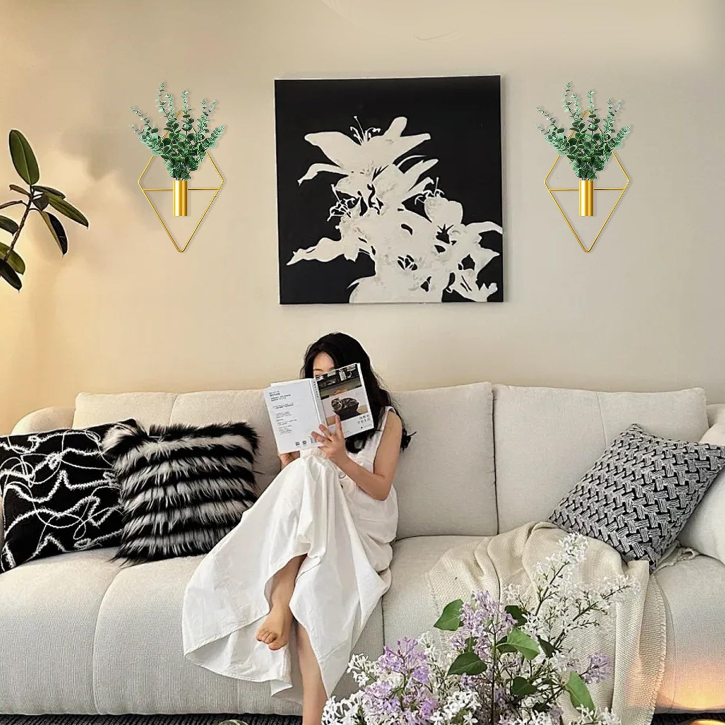 LZRHORR 2 Pack Gold Wall Decor Hanging Planters with Artificial Plants Metal Hanging Vase Indoor Plants Holder Modern Boho Wall Art for Bathroom Bedroom Living Room Office (Gold, Eucalyptus)