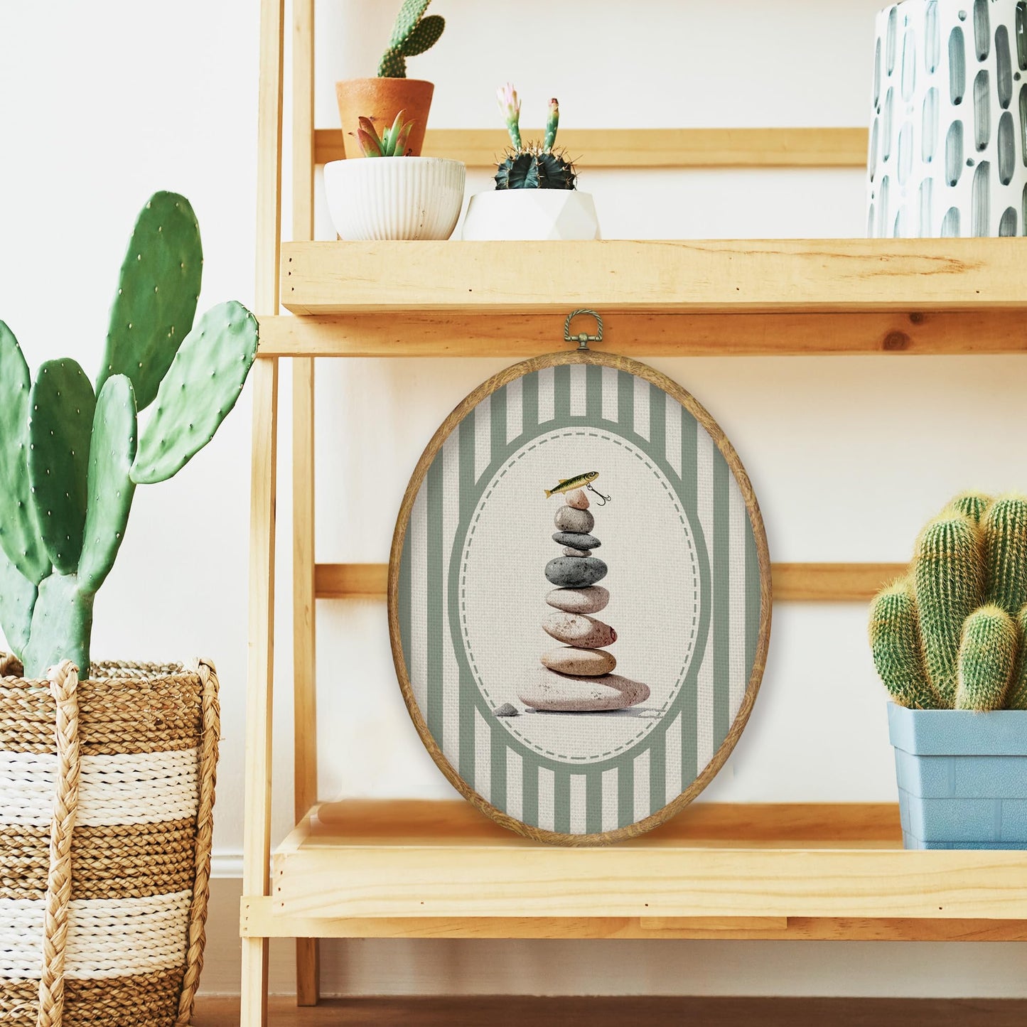 CGBHW Stacking Stones Fish Zen Oval Wall Art Decor, Lake House Canvas Prints Framed, Green Striped Calming Stones with Fish Lure Wall Art Hanging Decor for Home Kitchen Bedroom Zen Room, 8.6x11.4 Inch