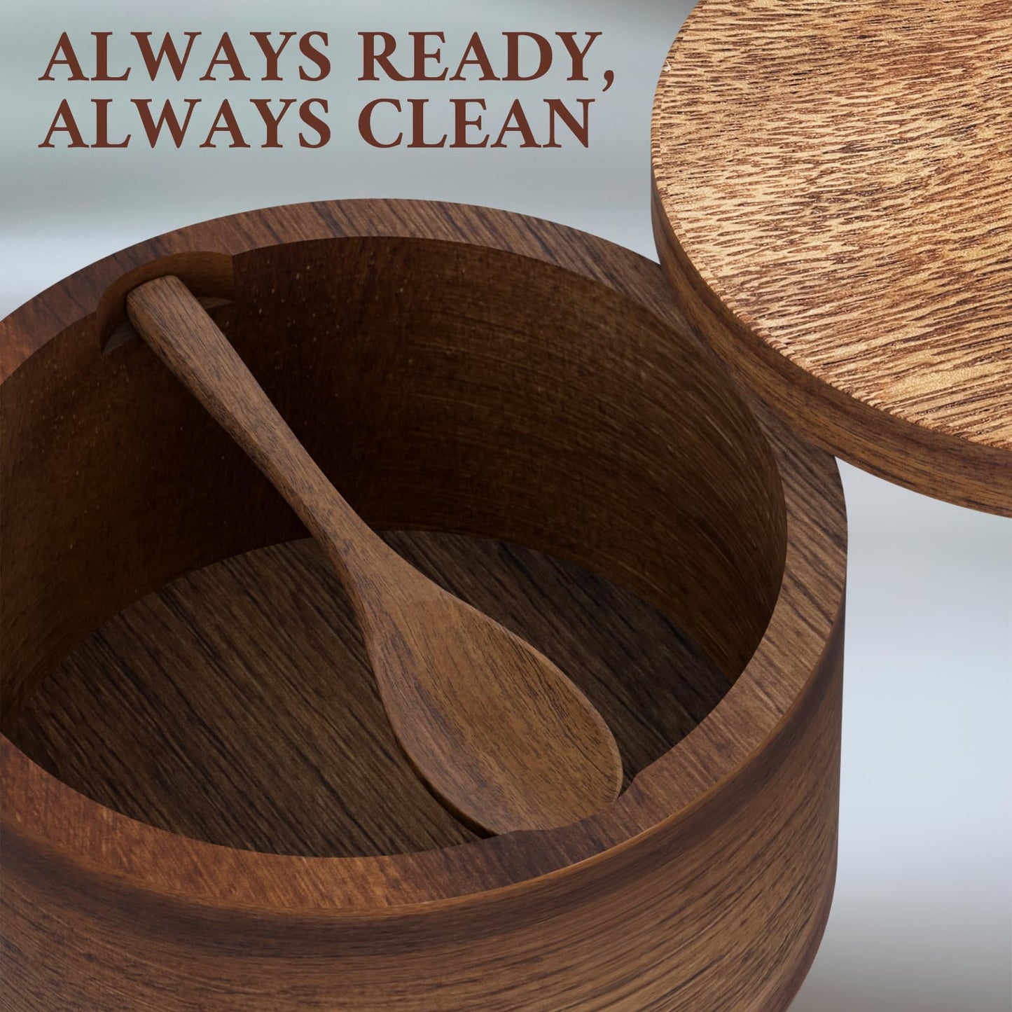 Vorisebo Acacia Wood Salt Container with Built-in Spoon, Elegant Salts Holder with Magnetic Swivel Lid, Salt Box for Kitchen to Storage Pepper, Spice or Favorite Seasonings, 6OZ