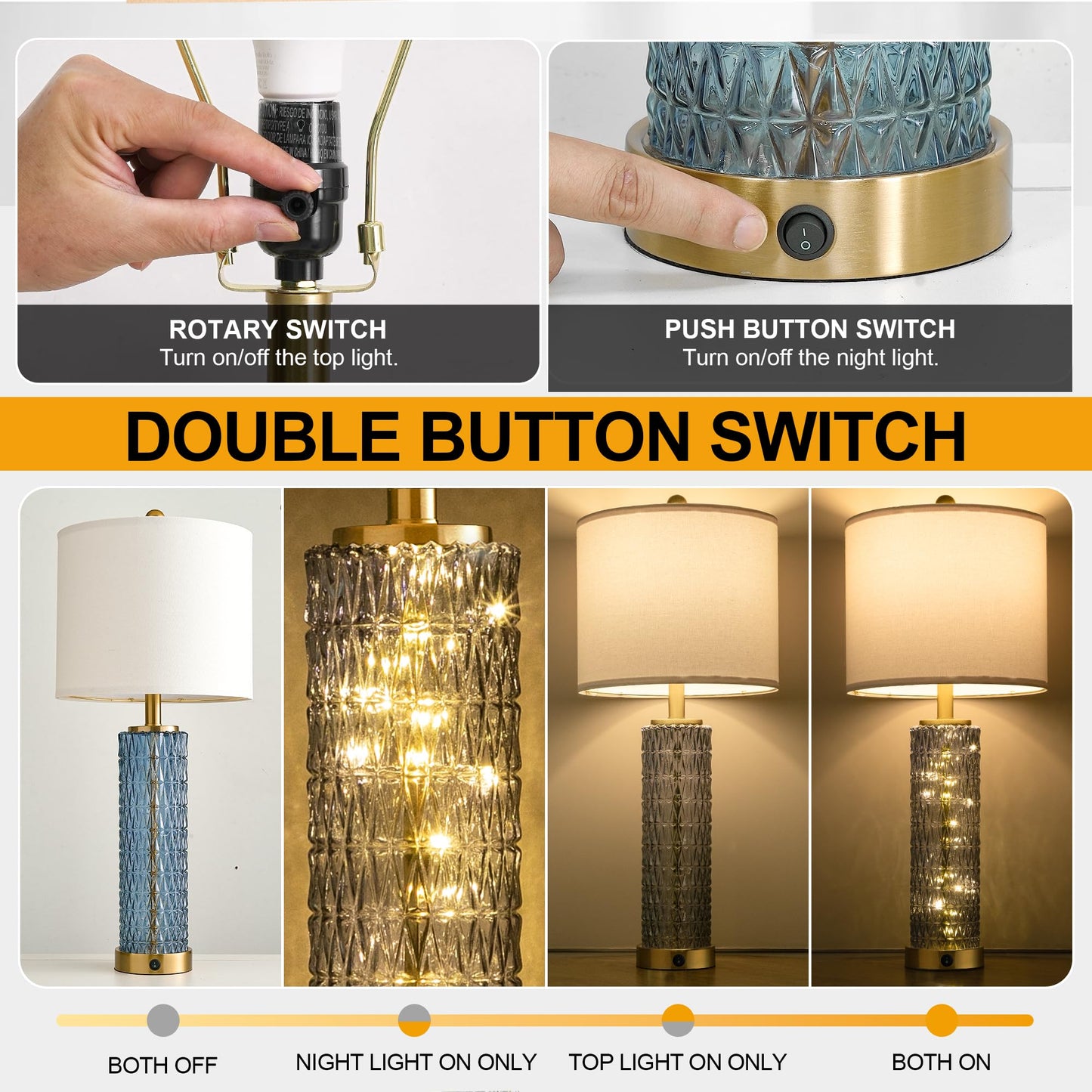 Oneach 27.75” Table Lamps Set of 2, Blue Modern Bedside Lamp with LED Night Light, USB A+C, Glass Lamps for Living Room, Bedroom, Nightstand, Office, End Table (2 Bulbs Included)