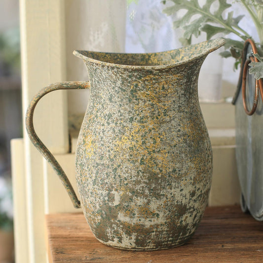 BIG FORTUNE Decorative Pitcher Vase Large Rustic Farmhouse Vase for Flowers Vintage Metal Milk Jug Vintage Decorative Pitcher Kitchen Decorations Green Grey Gold