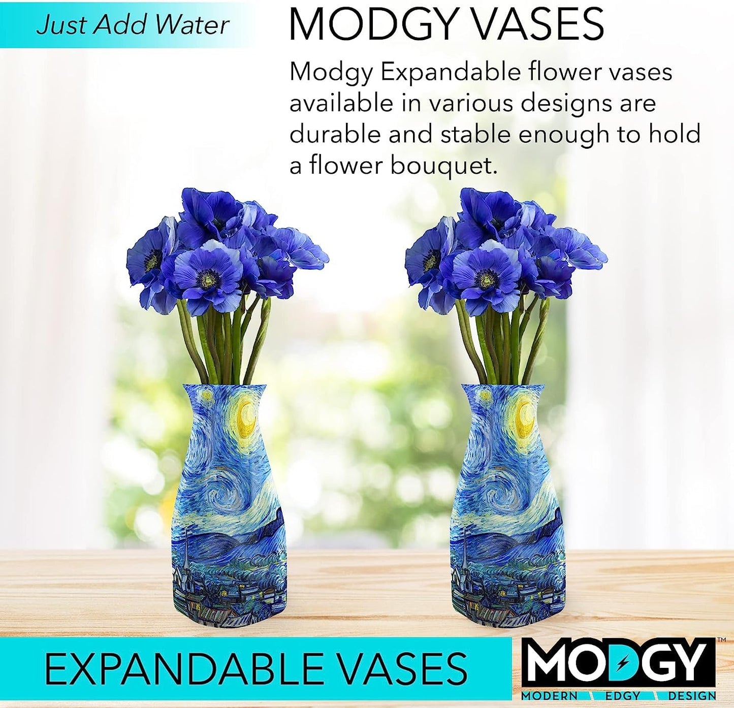 MODGY Expandable Flower Vase, Plastic Decorative Modern Foldable Printed Vases for Centerpieces for Wedding, Dining Table, Home Decor, Living Room, Bathroom, Starry Night, Vincent Van Gogh, 2 Pack
