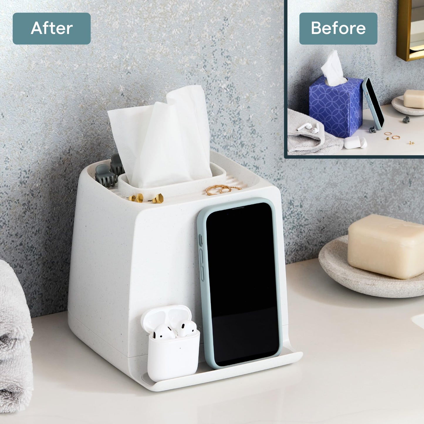 YouCopia The Ledge Tissue Holder, Cube, Square Box Cover with Storage for Phones, Jewelry, Makeup and Accessories for Night Stand, Desk and Bathroom Organization