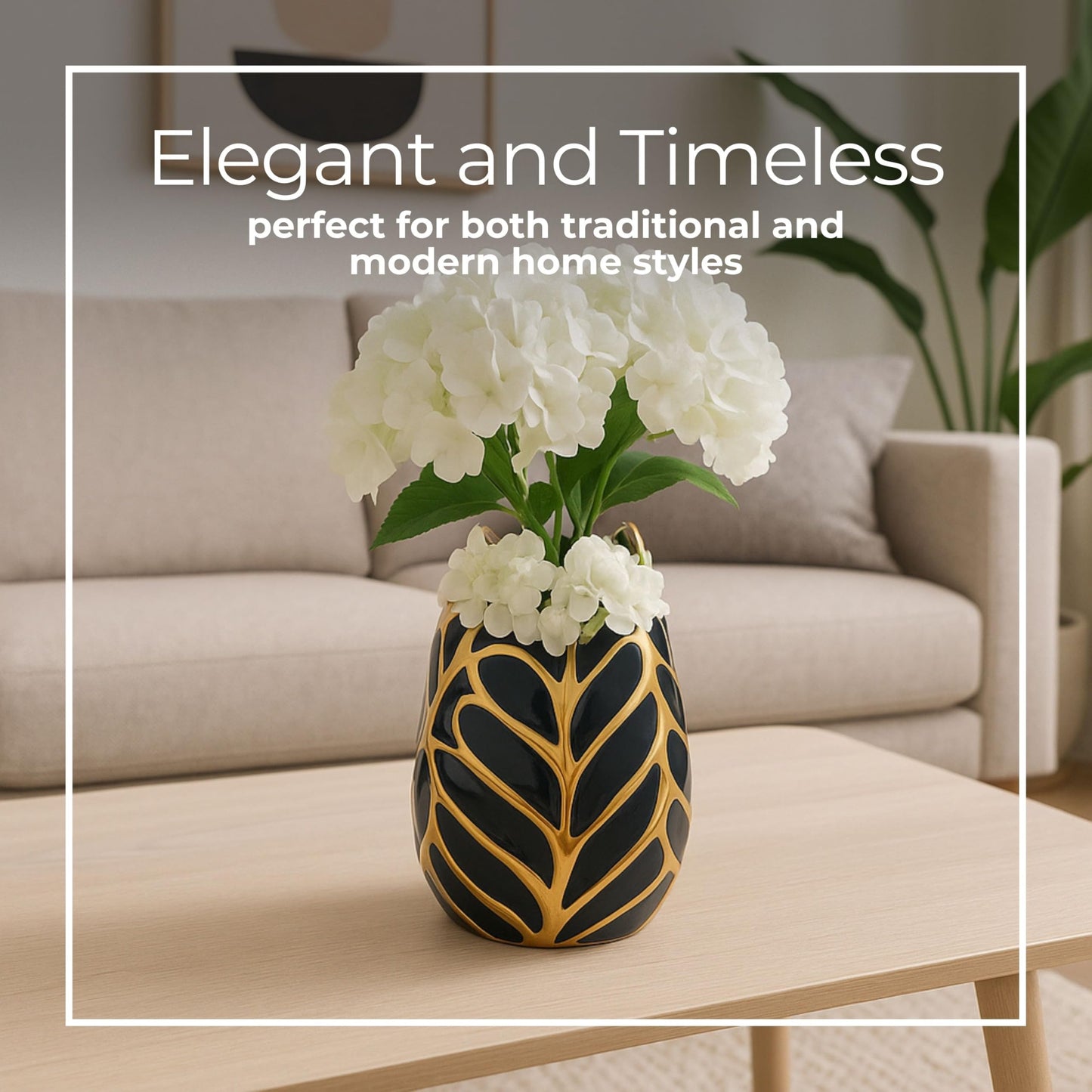 Sculpted Leaf Ceramic Vase – Modern Flower Vase for Fresh or Faux Stems, Tabletop Decor for Living Room or Office – Flower Holder Accent, Home Decor – 8", Dark Navy Blue & Gold Finish