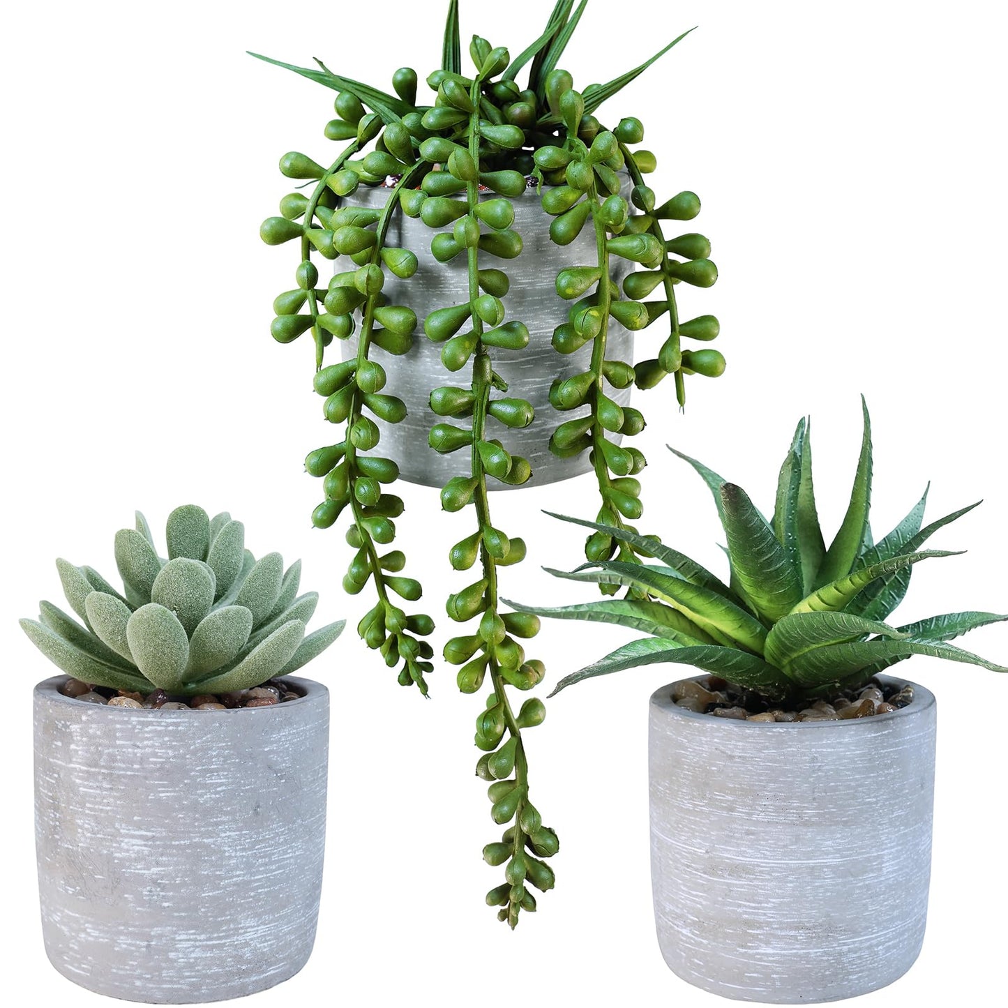 Winlyn 3 Pack Artificial Potted Succulent Plants Faux Aloe Echeveria String of Pearls Succulents in Gray Cement Pots Small Decorative Plants for Home Office Table Shelf Windowsill Greenery Décor