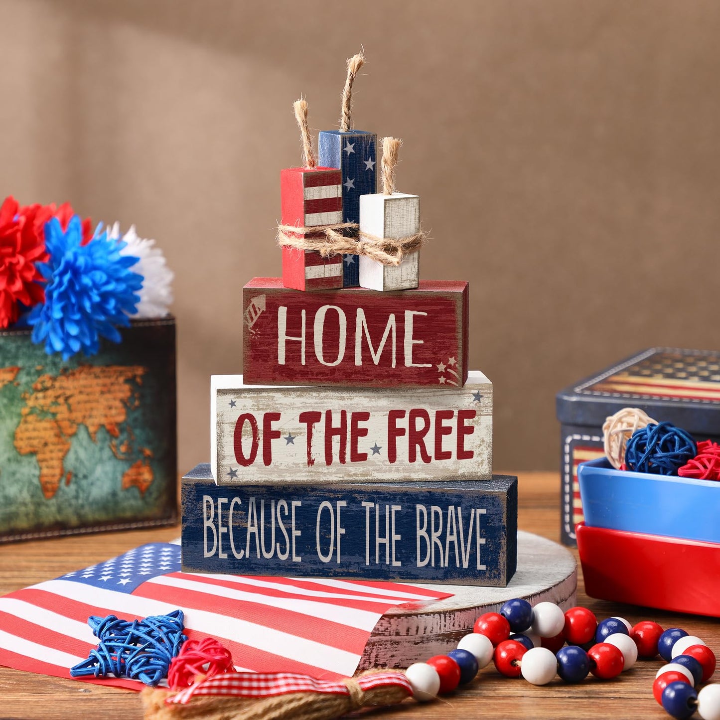 Moucuny 4 Pcs 4th of July Table Decorations Reversible Memorial Day Table Centerpiece Patriotic Fireworks Block Sign with String for 250th Anniversary USA Tiered Tray Home Shelf Decor