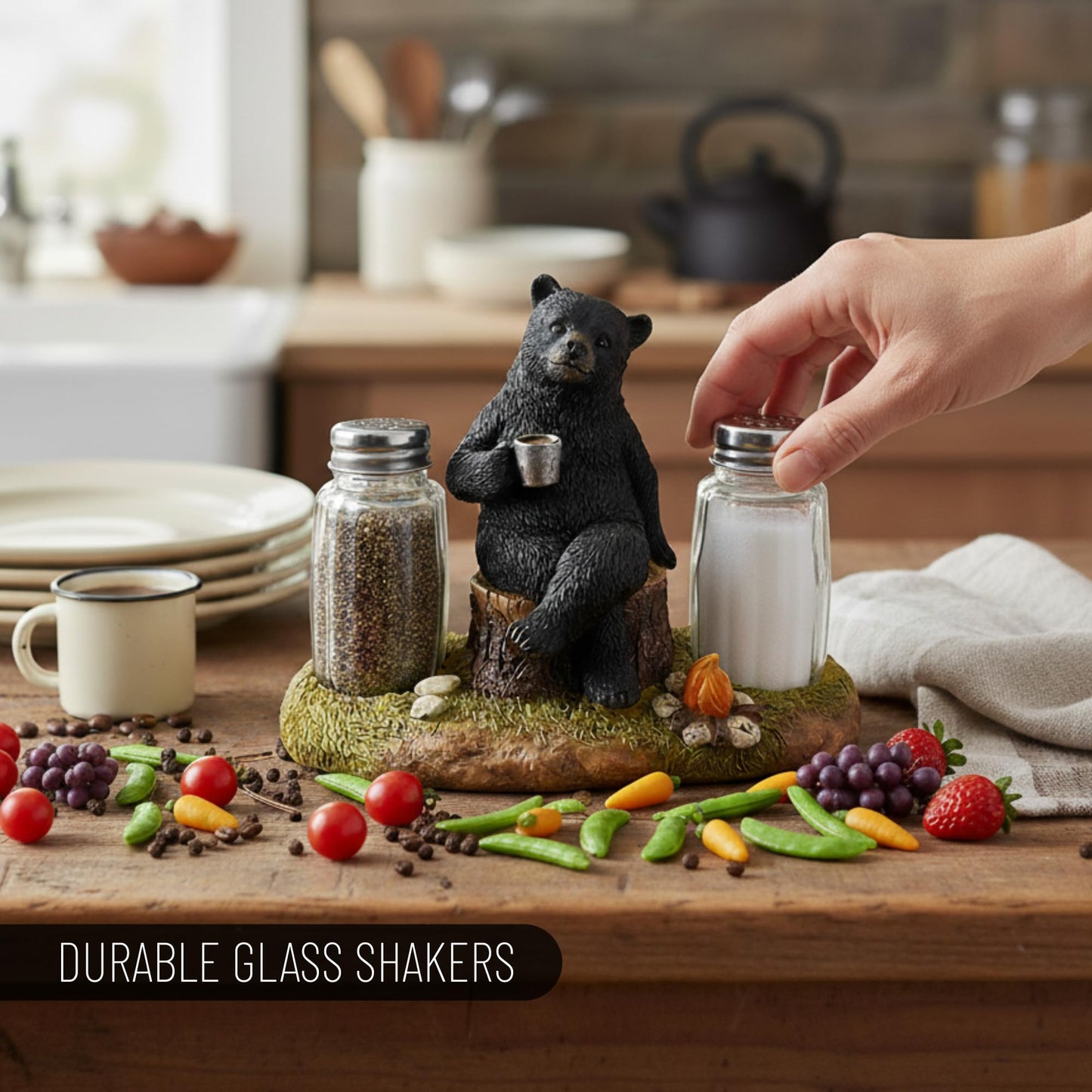Pine Ridge Coffee Bear Salt And Pepper Shaker Set - Two Glass Shakers, Bear By Campfire Holder Caddy For Spices And Seasonings, For Kitchen, Cabin, Dining Or Table Décor