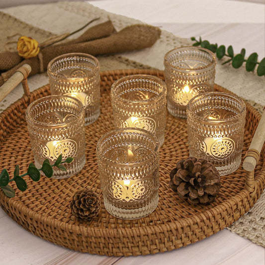24 Pcs Clear Glass Votive Candle Holders, Tealight Candle Holders for Table Centerpieces, Vintage Candle Holder Bulk, Boho Wedding, Valentine's Day Table Decor (Clear)