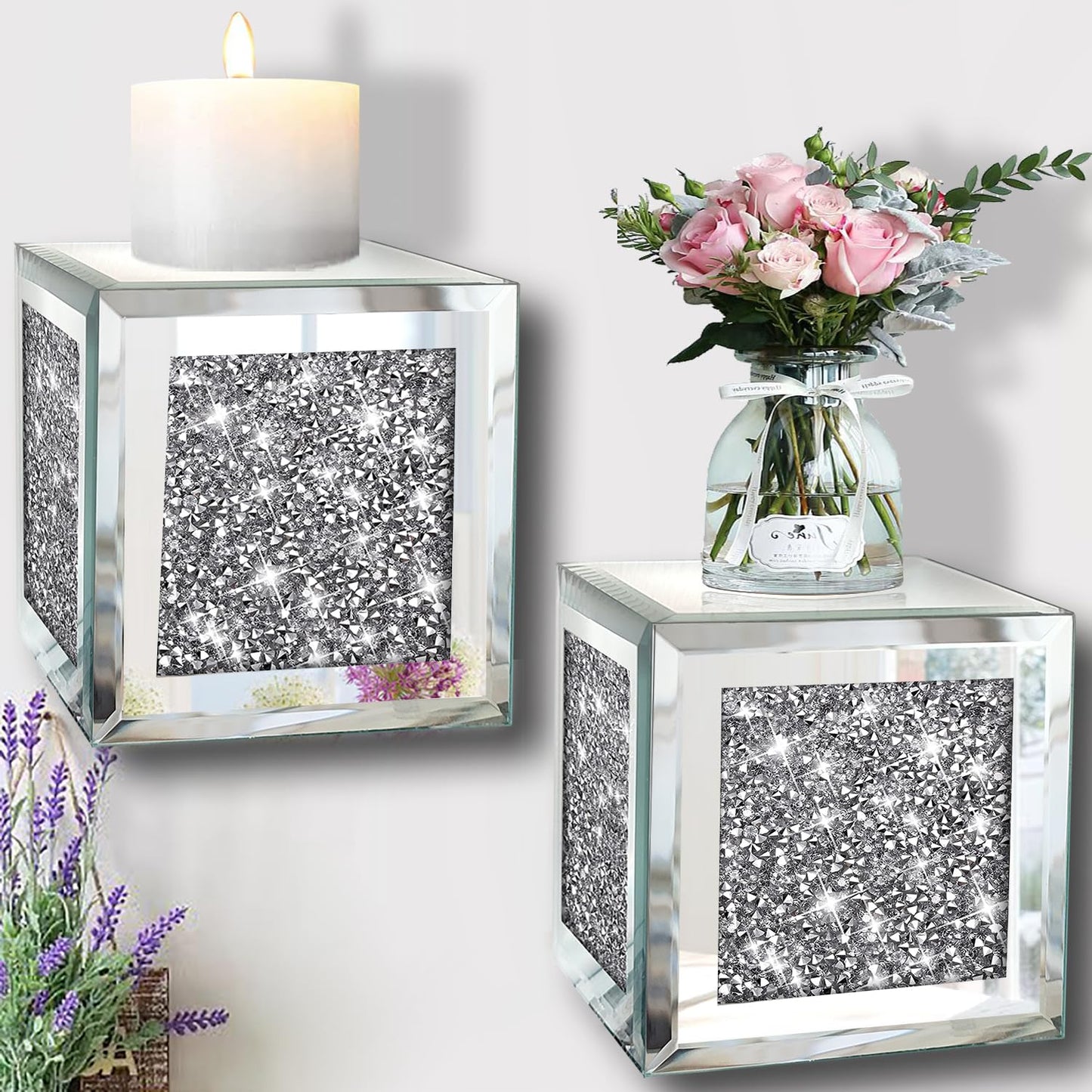 ZOLAPI Set of 2 Crystal Crush Diamond Candle Sconces, Gorgeous Silver Mirrored Wall Sconce, Candle Holder Glass Wall Decorations for Home Décor, Living Room, Dining Room. Floating Shelves