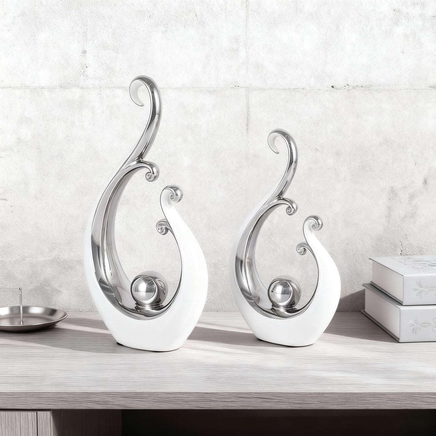 DOVDOV White and Silver Home Decor, Abstract Ceramic 2-Piece Sculpture Set, Modern mid-Century Art Statues, Perfect for Accent Tables, countertops, Coffee Tables, and entryway Decor.