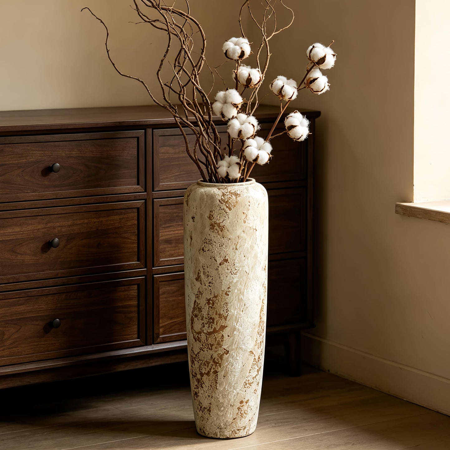 Rustic Oversized Ceramic Floor Vase – 23.6 Inch Handpainted Rustic Pottery Vase, Extra Tall Neutral Vases for Corner, Foyer & Large Floral Arrangements