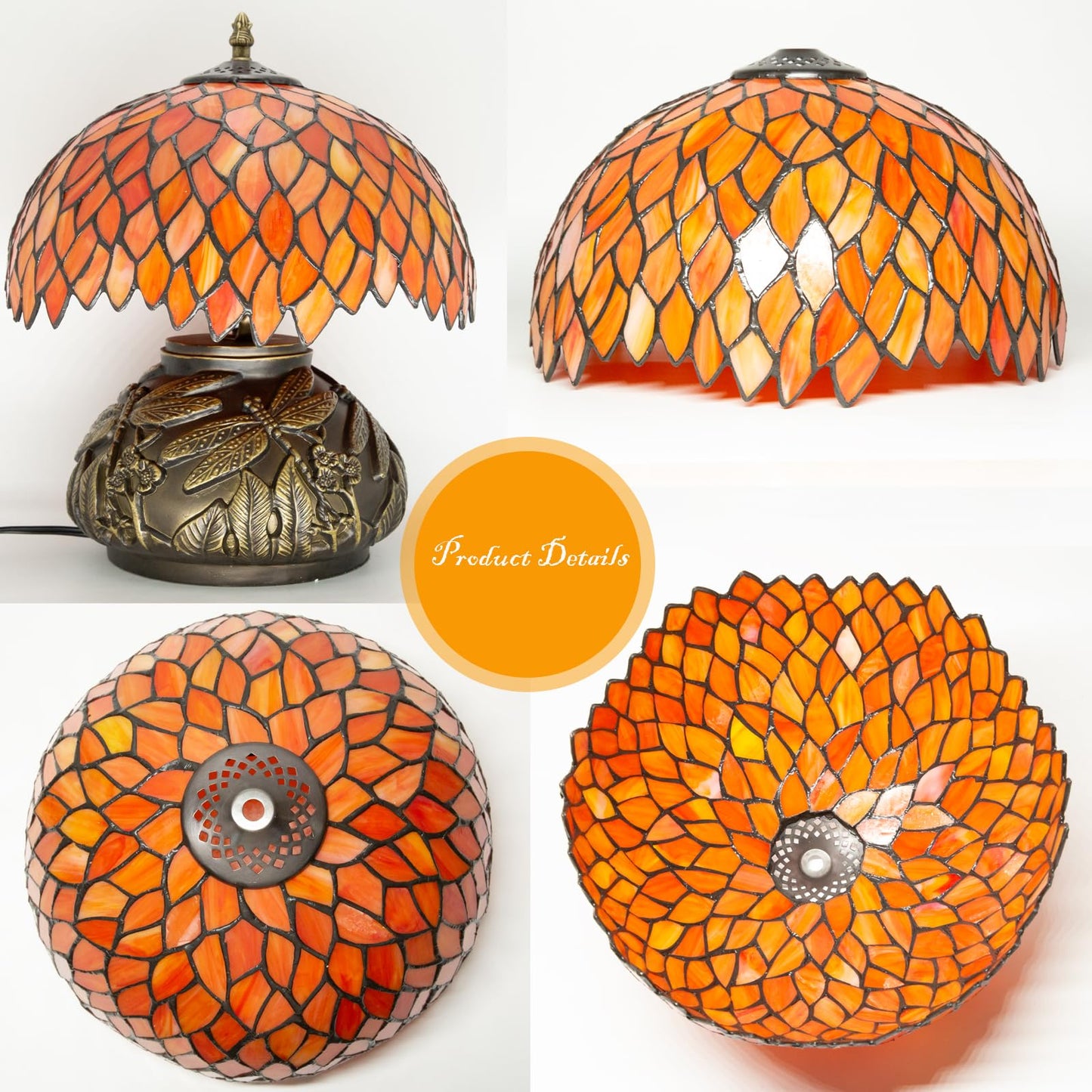 Ppbmocw Tiffany Table Lamp Orange Wisteria Style Stained Glass Lamp for Bedside,Bedroom,Living Room,12 Inch Small Vintage Mushroom Desk Lights Included E26 LED with Remote Control(Autumn Leaves)