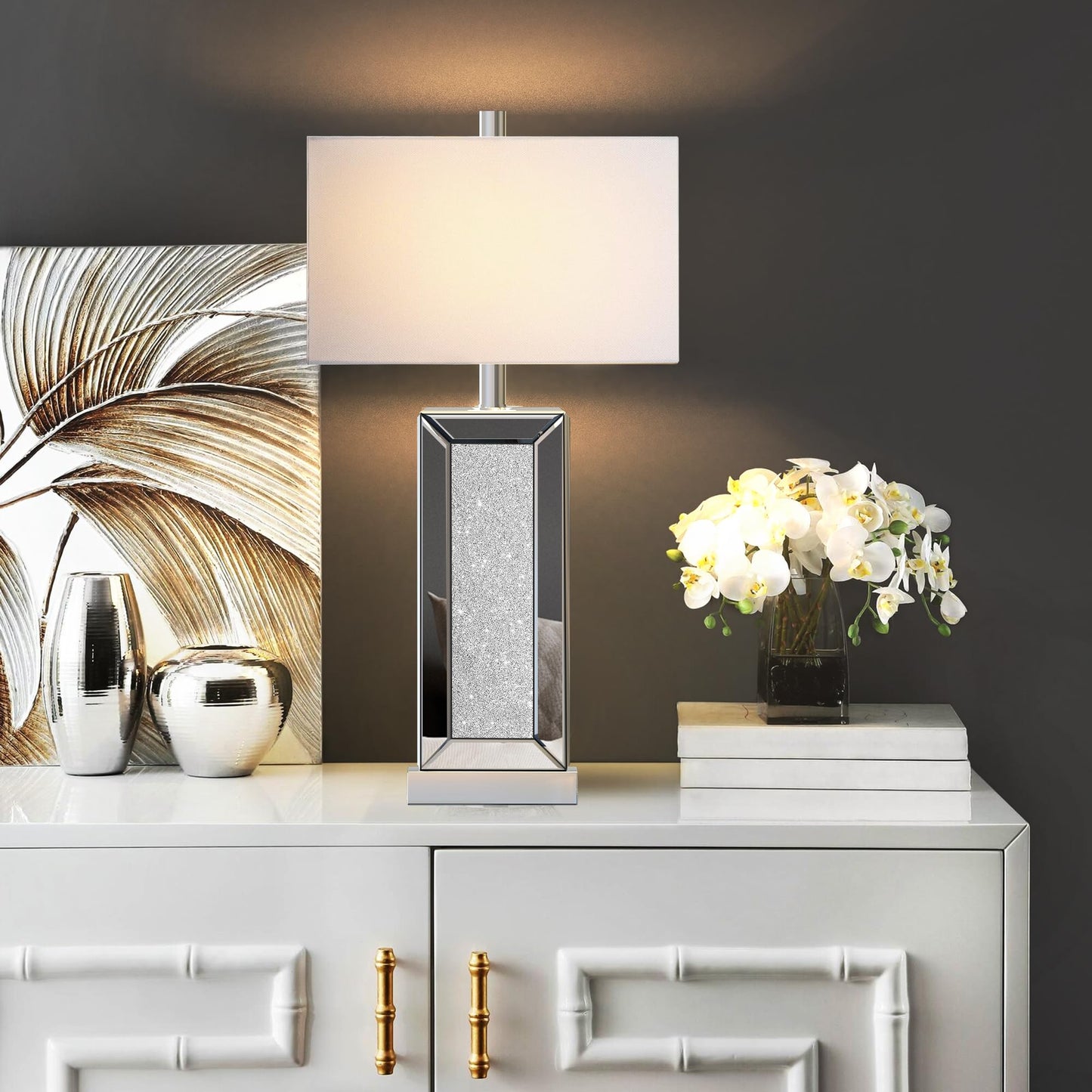 Modern Table Lamp Set of 2 Touch Control, Silver Mirror Diamond Crystal Bedside Lamp with USB C+A Ports, 3-Way Dimmable Mirrored Nightstand Lamps White Fabric Shade for Living Room Bedroom Art Decor