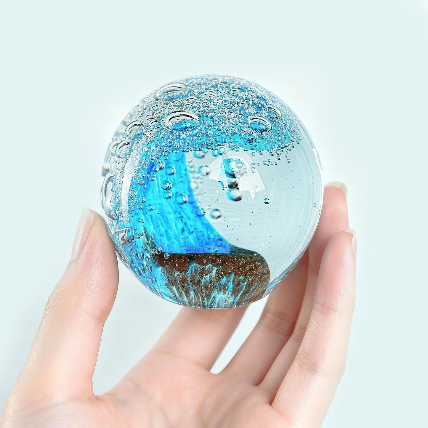 ZEERSHEE Hand Blown Ocean Wave Glass Ball, 2.3" Blue Glass Paperweight