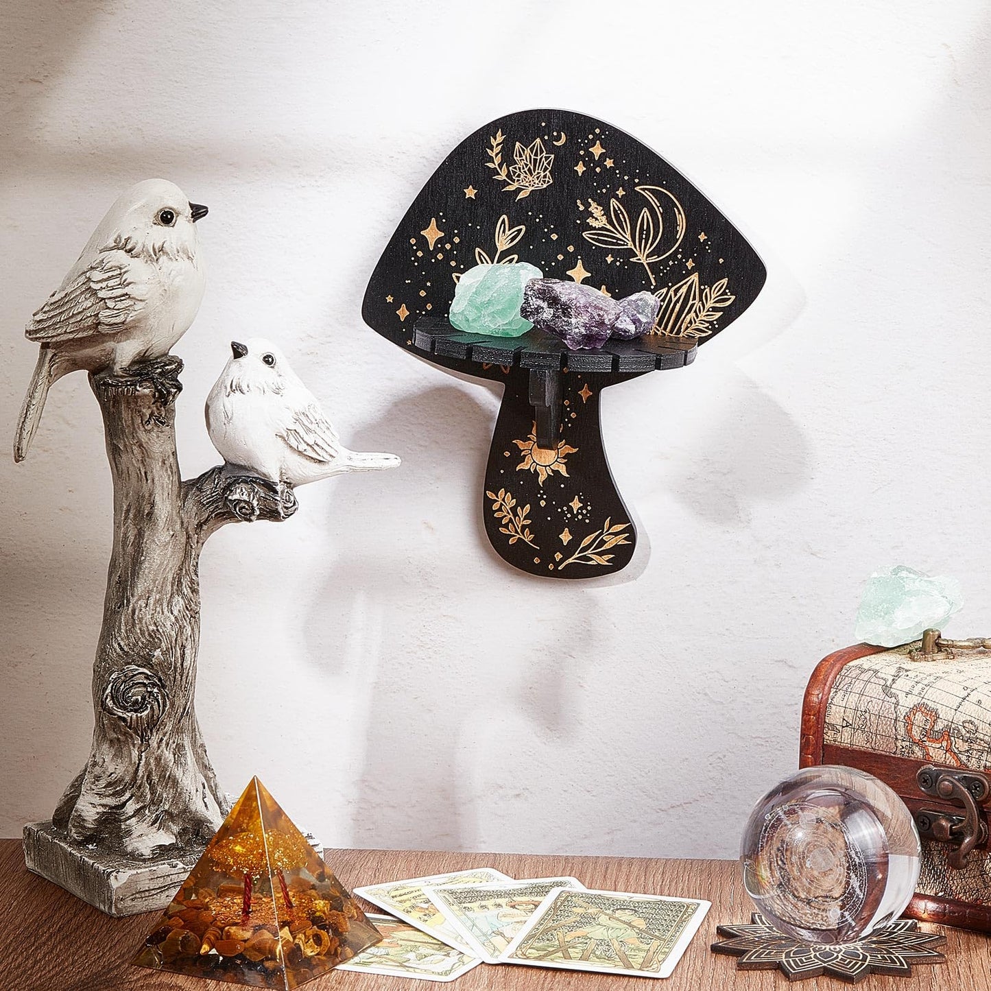 CREATCABIN Crystal Display Shelf Crystal Wall Shelves Mushroom Rustic Wooden Hand Holder Floating Shelves Witchy Stuff Storage Display for Rock Gemstones Meditation Spiritual Gift Black 7x6Inch