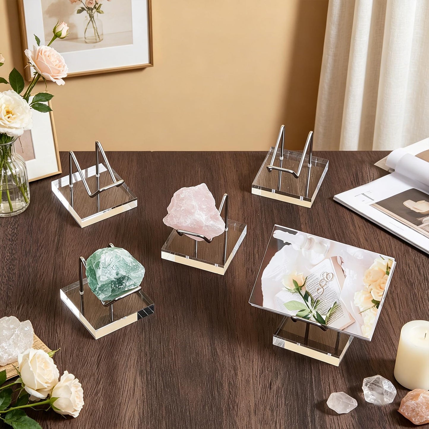 twinklemon 12PCS Clear Acrylic Display Stand Rock Display Holder with Acrylic Pedestal Base and Metal Arms Small Easel Stands for Fossil Coral Crystal Geodes Rock Mineral Agate Collectibles (Silver)