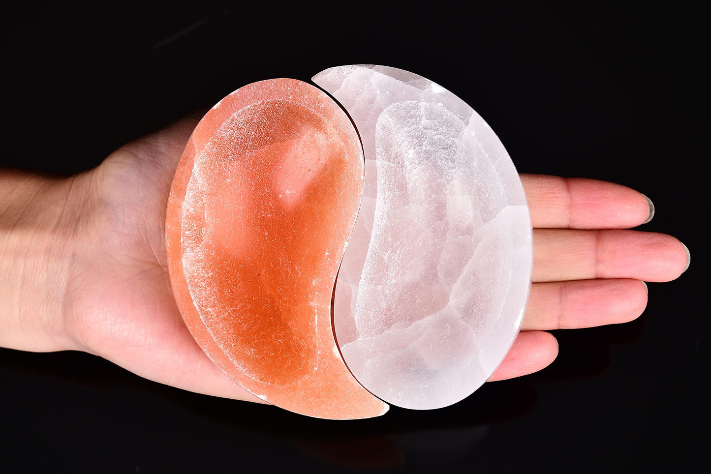 AMOYSTONE Selenite Yin-Yang Bowl 4" - Fish Shaped White & Orange Selenite Natural Crystals Jewelry Dish for Cleanse Energy Home Decor
