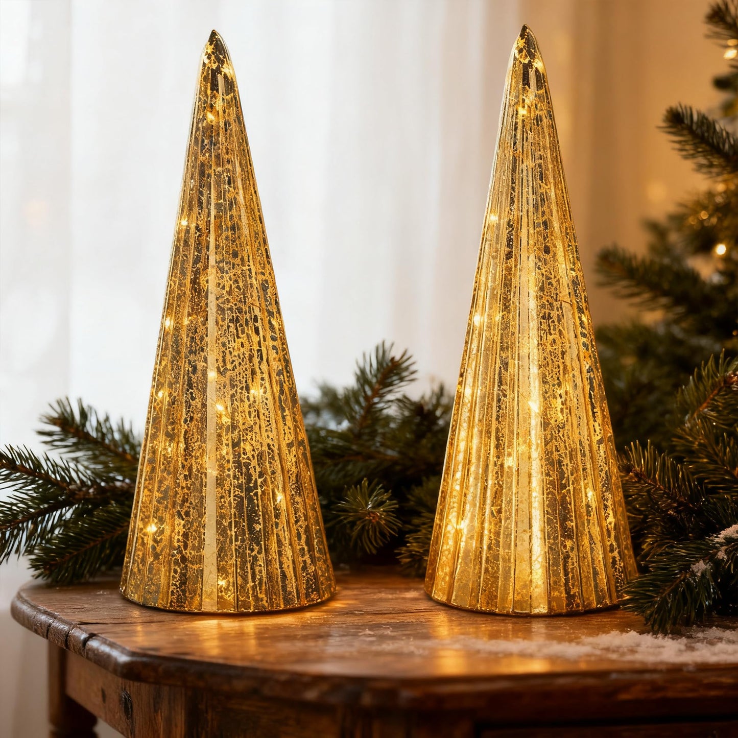 Set of 2 Mercury Glass Christmas Tree Silver Glass Christmas Trees Collectible Figurines with Led Indoor Table Centerpiece Decorations Mantel Gift