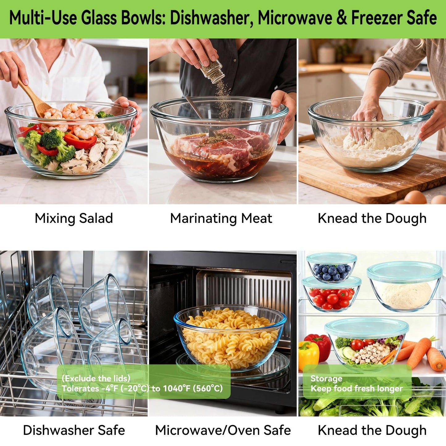 YUANYE 4 Pack Glass Mixing Bowls with Lids Set (3QT/1.7/0.9/0.6QT),Thick Glass Large Salad Bowl Set, Nesting Kitchen Bowls for Serving, Prepping, Cooking and Baking, Dishwasher, Oven,Microwave Safe