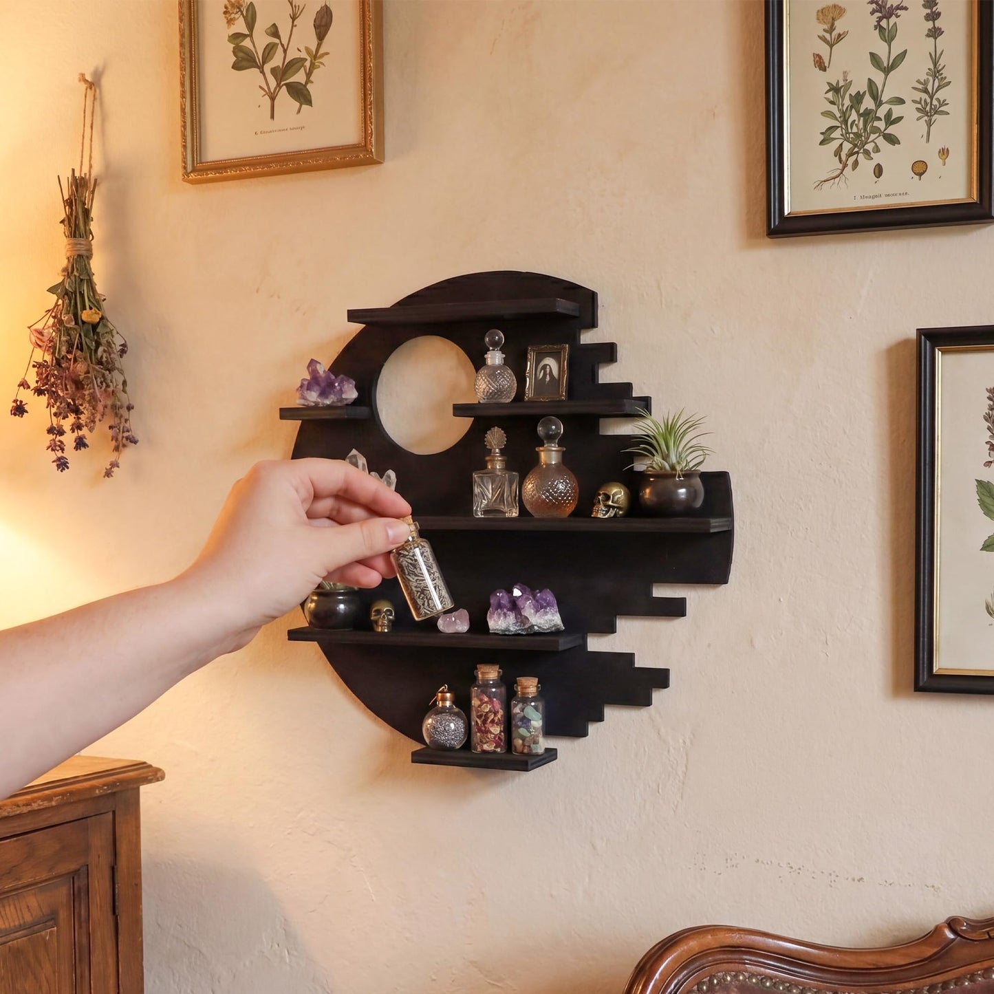 FNYDOX Wooden Moon Shelf with LED Lights, Crystal Wall Shelf for Rock Gem Stone Display Witchy Trinkets Holder Boho Wall Decor Floating Shelves for Nail Polish & Essential Oil