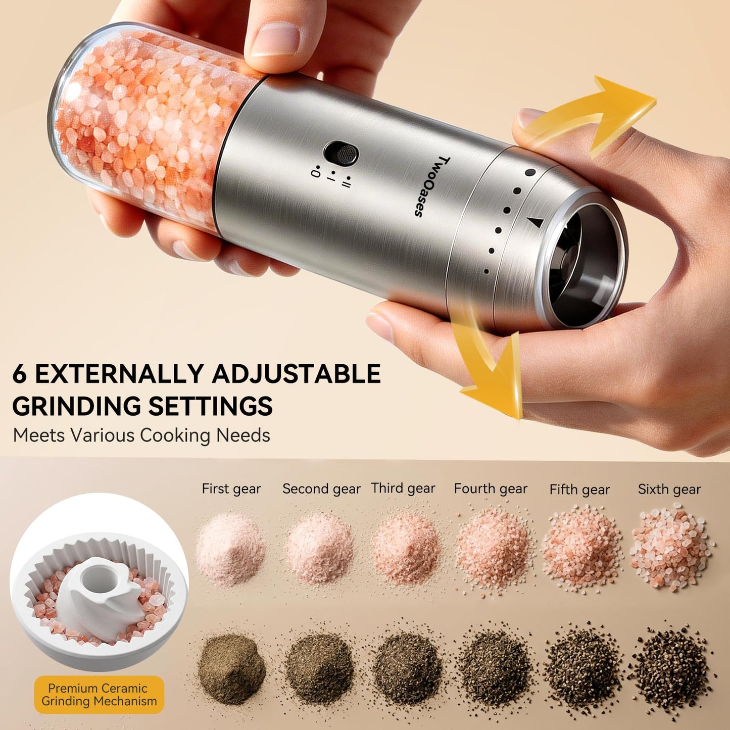 Electric Salt and Pepper Grinder Set, Automatic Gravity Pepper Grinder with Charging Base, Rechargeable Stainless Steel Spice Mill, Adjustable Coarseness, Dual-Speed Control, LED Light, Large Capacity
