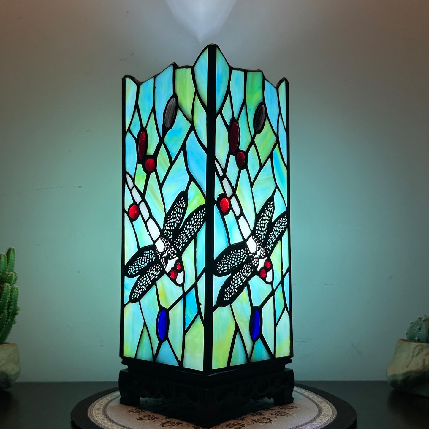 ZYLINX Small Tiffany Lamp Sea Blue Dragonfly Style Stained Glass Table lamp