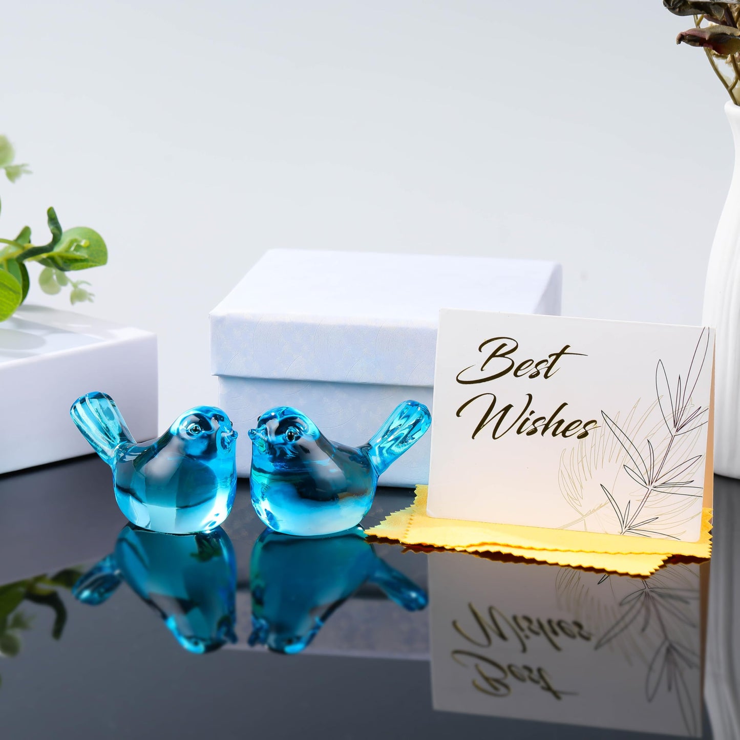 Qianwei 2pcs Blue Glass Birds Figurine Handmade Blown Crystal Home Decor