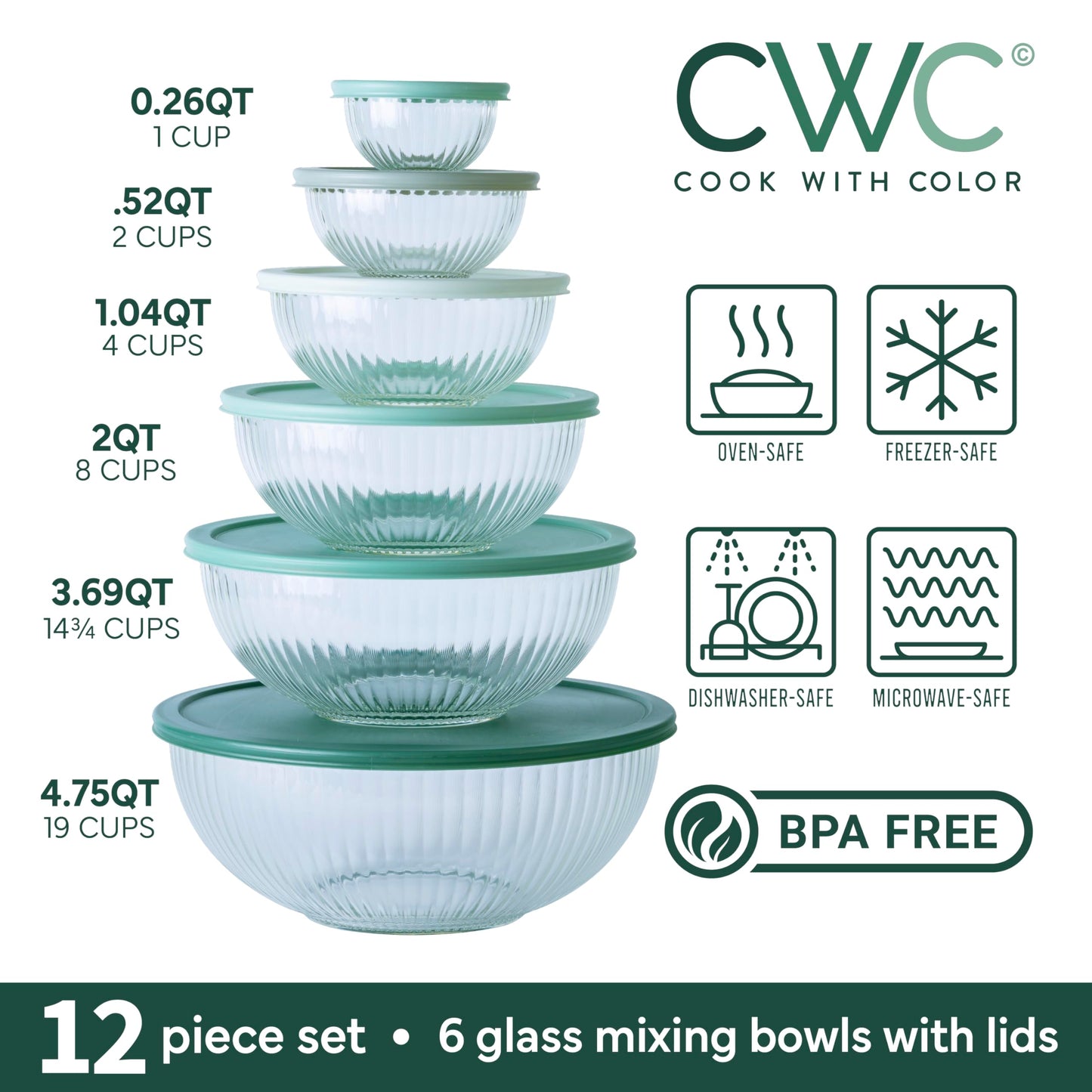 COOK WITH COLOR 12 Pc Glass Mixing Bowl Set with Lids – Borosilicate Glass Nesting Bowls for Cooking, Baking and Meal Prep, Fluted Sage