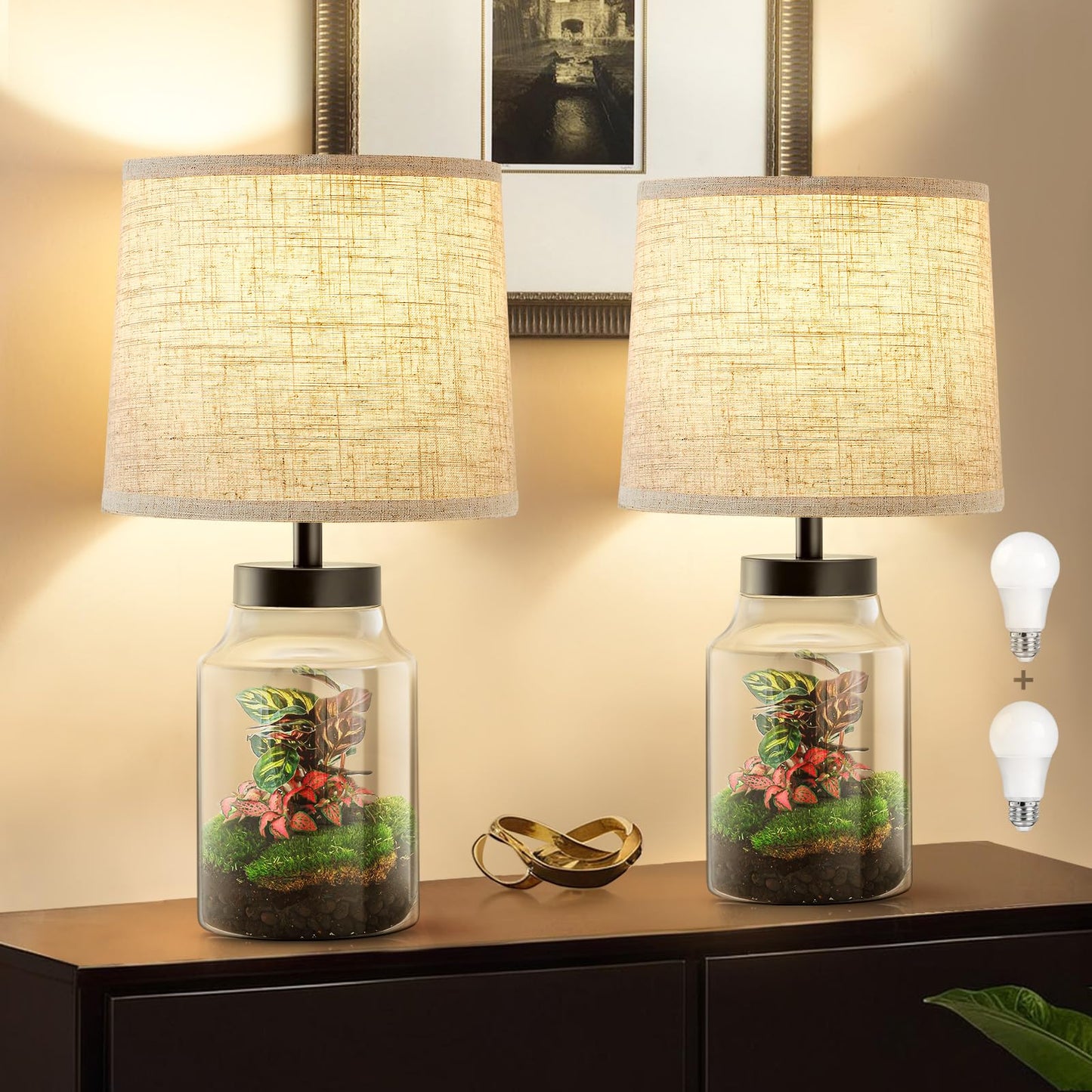 GyroVu Table Lamp Set, Fillable Table Lamp with Clear Glass Nightstand Lamp Set of 2 Beside Lamp for Living Room Bedrooms Office Bulbs Included(Oat Lampshade)