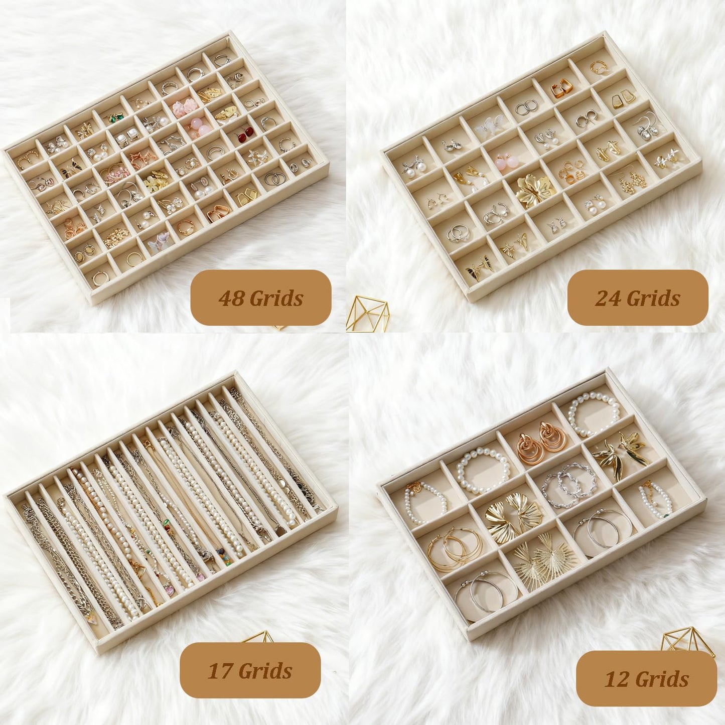 KATISYIO Large Jewelry Drawer Organizer Trays Set of 4, Stackable Velvet Jewelry Trays Organizer Holder Display Storage Showcase for Earring Necklace Bracelet Ring Accessary (Beige, 12+17+24+48 Grids)