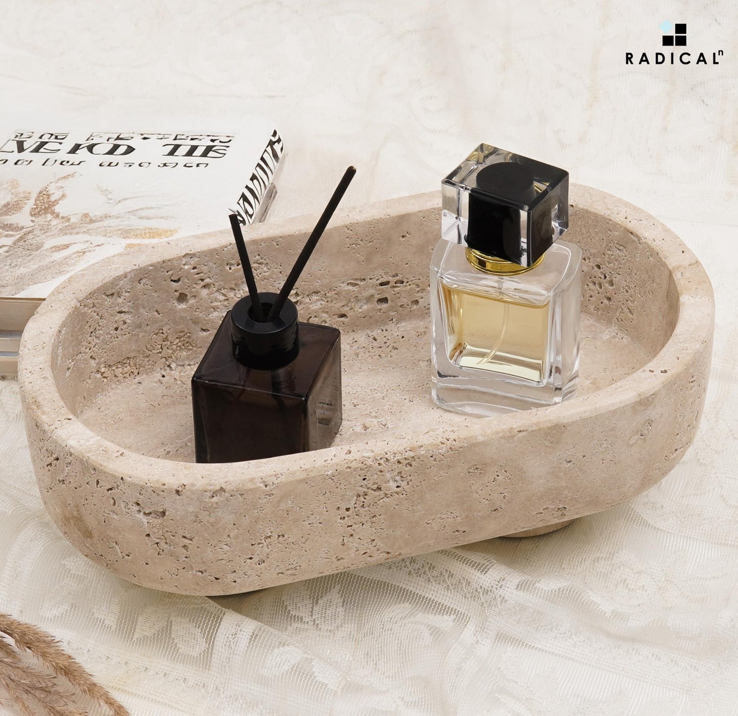 Radicaln Marble Oval Bowl With Stand 10" Inches Travertine Handmade Decorative Bowl, Ideal Key Bowl & Candle Holder, Candy and fruit Dish For Kitchen Countertop