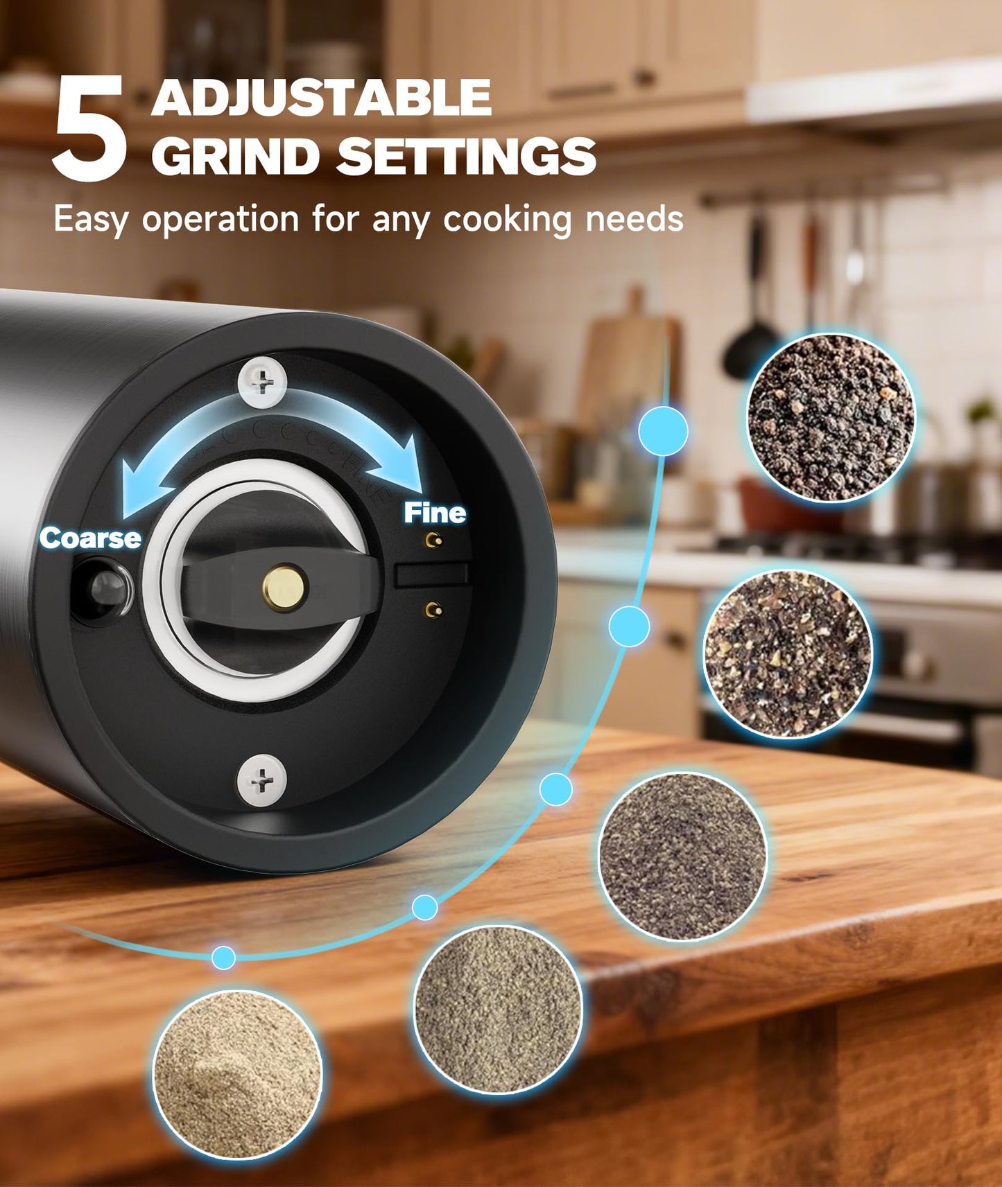 Ringco Electric Salt and Pepper Grinder Set with Charging Base, Rechargeable Salt and Pepper Mill with Adjustable Coarseness, LED Light, 110ml Large Capacity for Kitchen, Outdoors, Gifts for Women