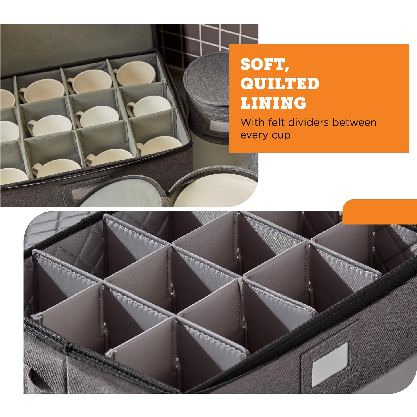 storageLAB Cup and Mug Storage Containers, Hard Shell Storage Case with Felt Dividers for Cups, Mugs, Dishes, and Glasses, Ideal for Kitchen Organizing and Moving Supplies - 1 Pack, Gray